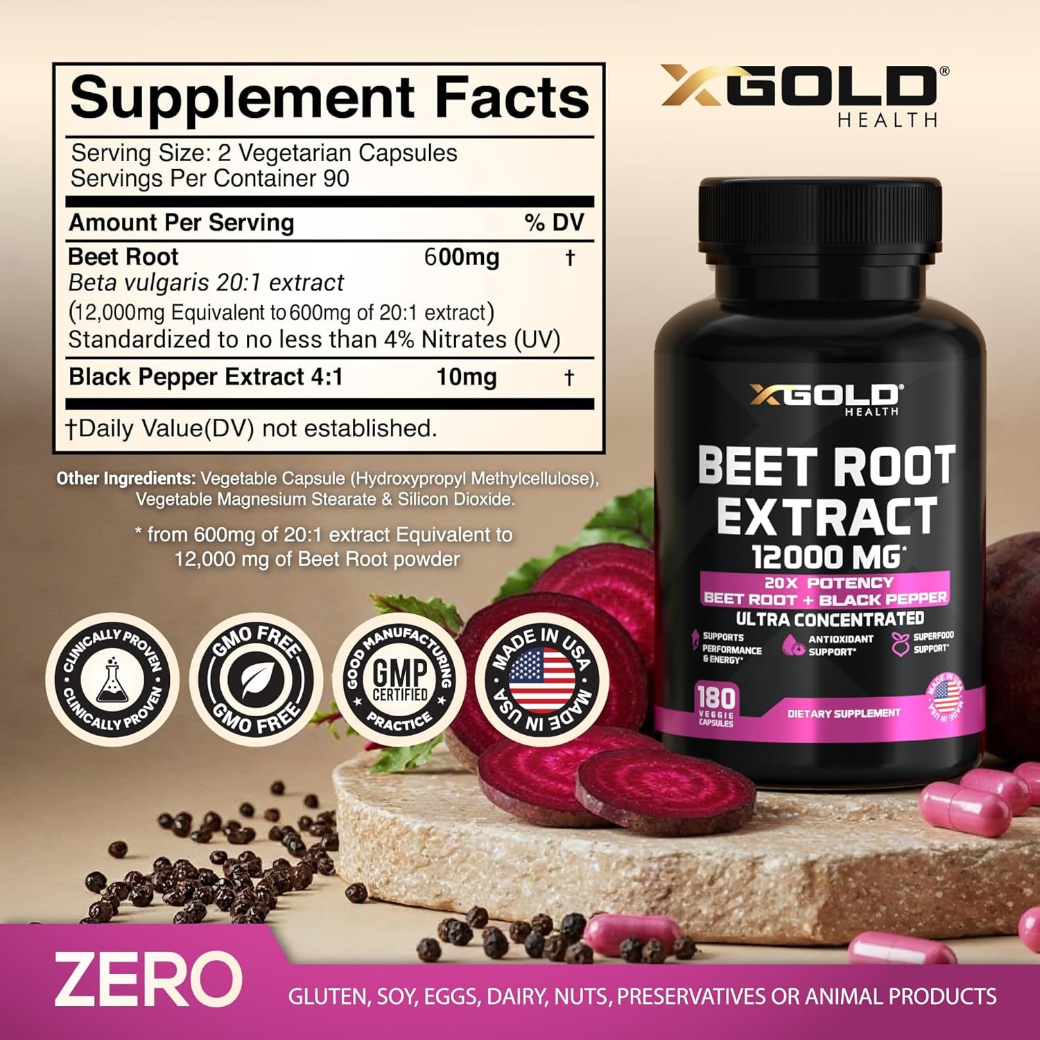 X Gold Health Beet Root Extract 12000mg – 180 Capsules | High-Potency Nitric Oxide Booster for Energy, Endurance & Circulation