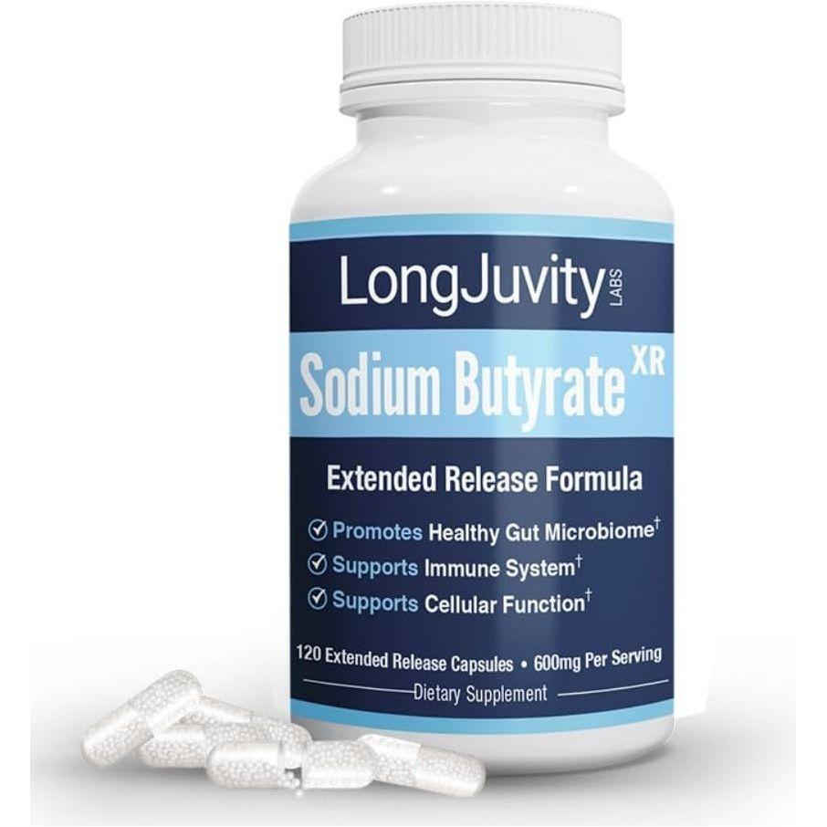 LongJuvity Labs Sodium Butyrate Supplement – 120 Capsules | Gut Lining Support, Microbiome Balance & Bloating Relief