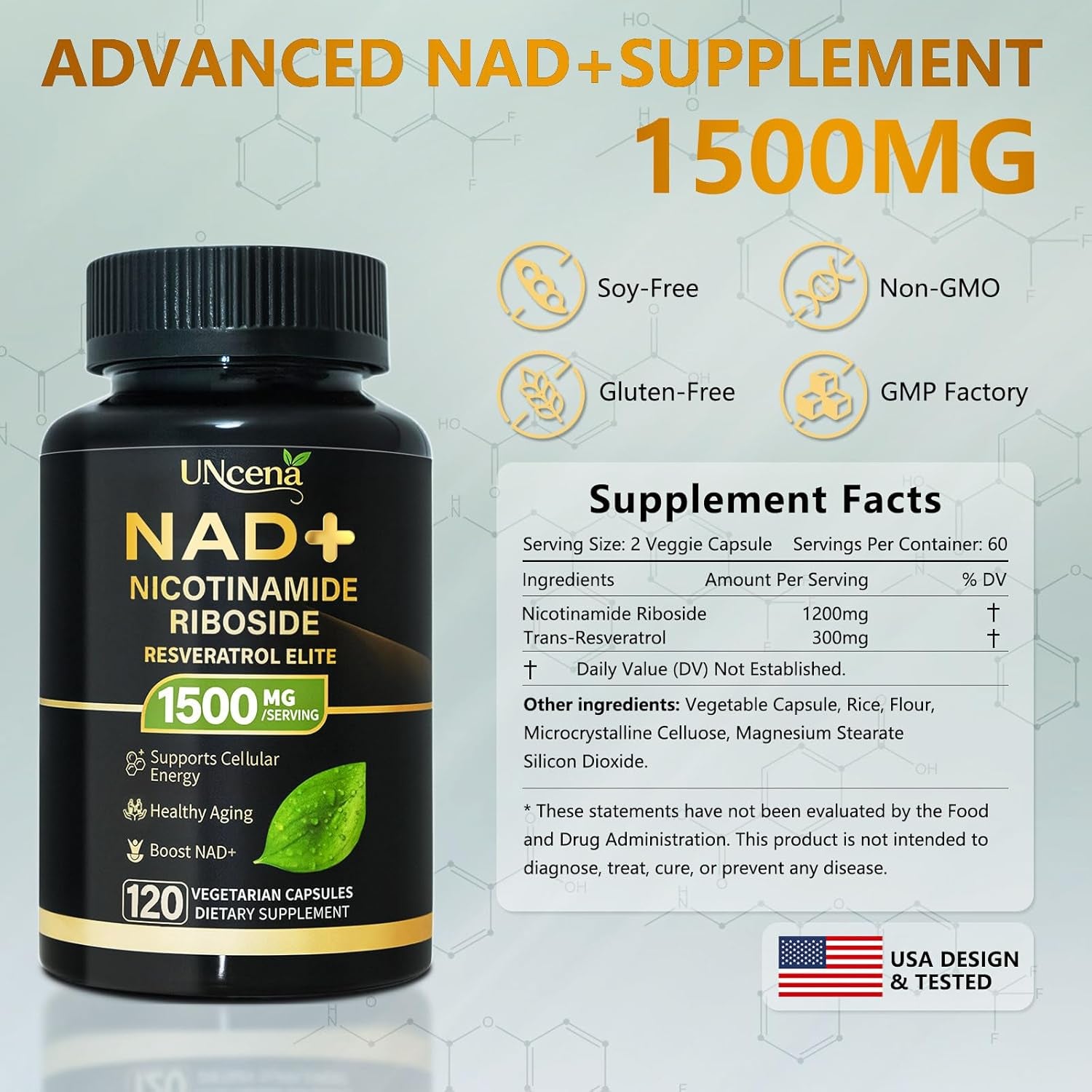 NAD Supplement 1500Mg - Liposomal NAD+ Nicotinamide Riboside with Resveratrol, NAD plus Boosting - Support Cellular Health, Stamina & Healthy Aging for Women & Men- 120 Capsules