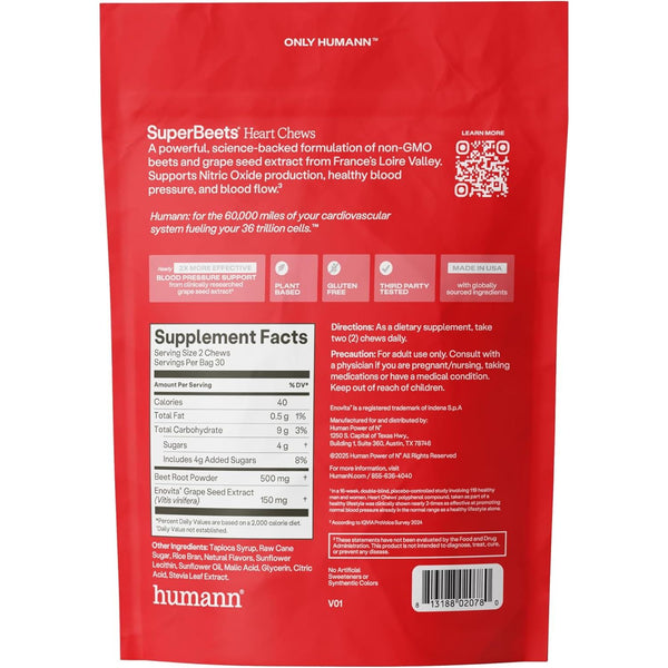 HumanN SuperBeets Heart Chews - Pomegranate Berry Flavor | 60 Chews