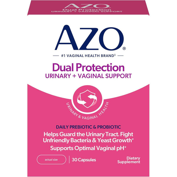 AZO Dual Protection, Urinary + Vaginal Support – 30 Capsules | Clinically Proven Probiotic & Prebiotic for Feminine Wellness