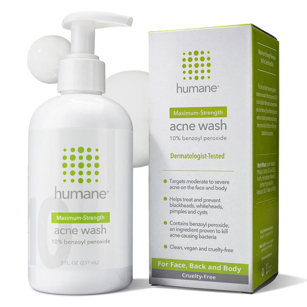 Humane Maximum-Strength Acne Wash – 237ml | 10% Benzoyl Peroxide Face & Body Cleanser for Stubborn Acne