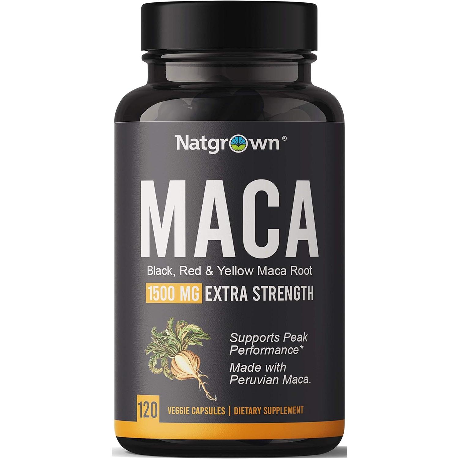 Natgrown Organic Maca Root Powder Capsules 1500 Mg with Black + Red + Yellow Peruvian Maca Root - 120 Capsules