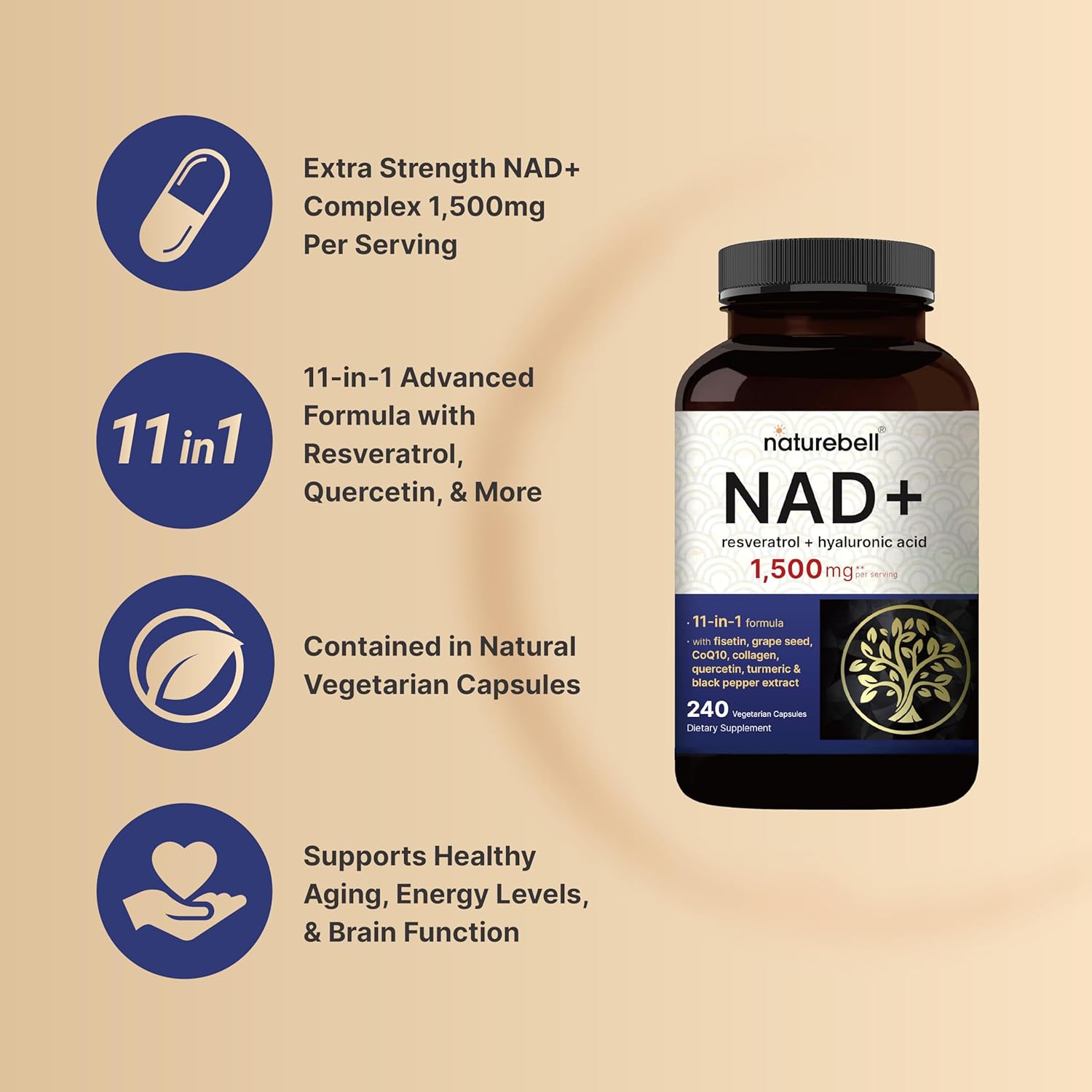 NatureBell NAD+ Resveratrol + Hyaluronic Acid – 240 Veggie Capsules | 11-in-1 Anti-Aging, Energy & Beauty Formula