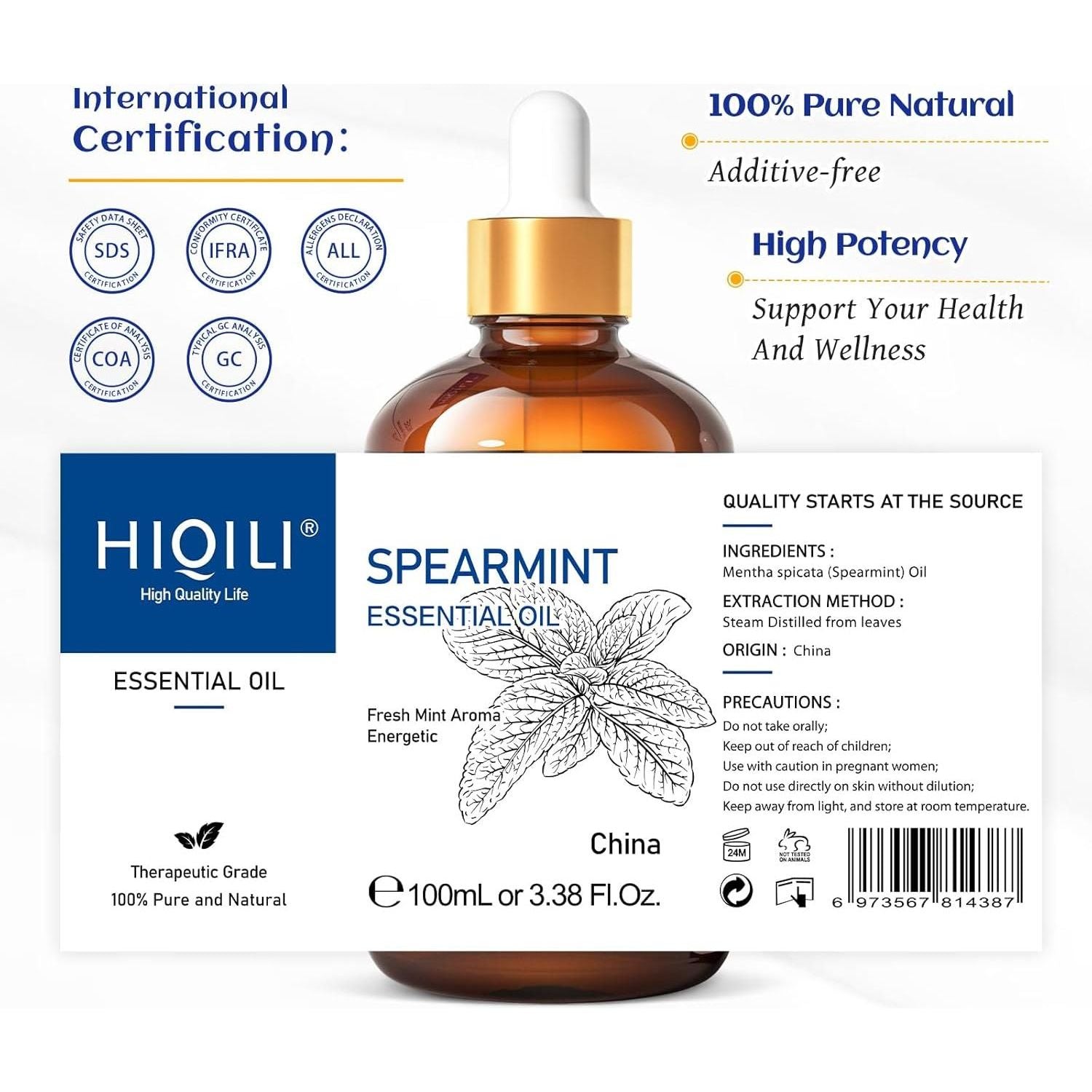 HIQILI Spearmint Essential Oil for Skin Care -100% Pure Treatment Grade - 100ml