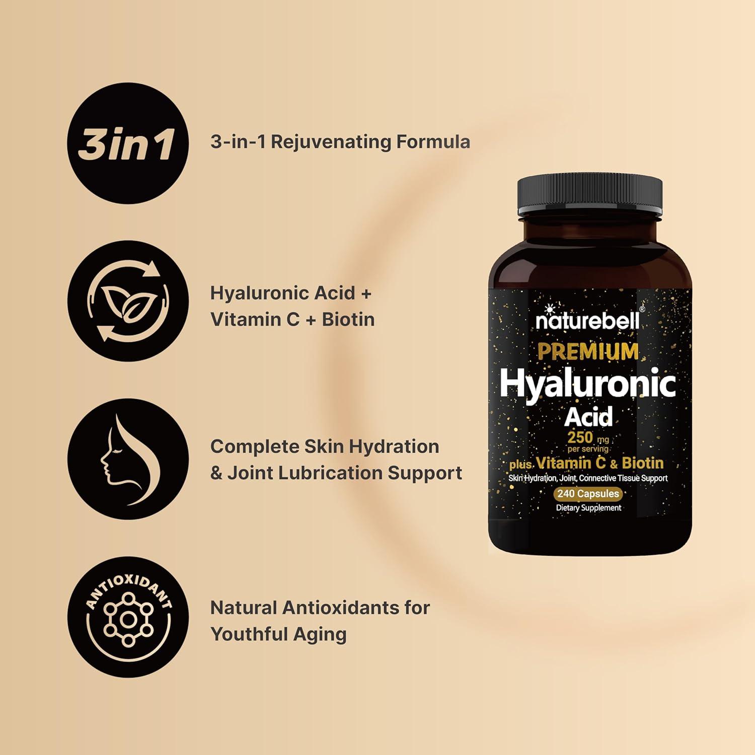 NatureBell Premium Hyaluronic Acid Supplements 250mg per serving (240 Capsules)