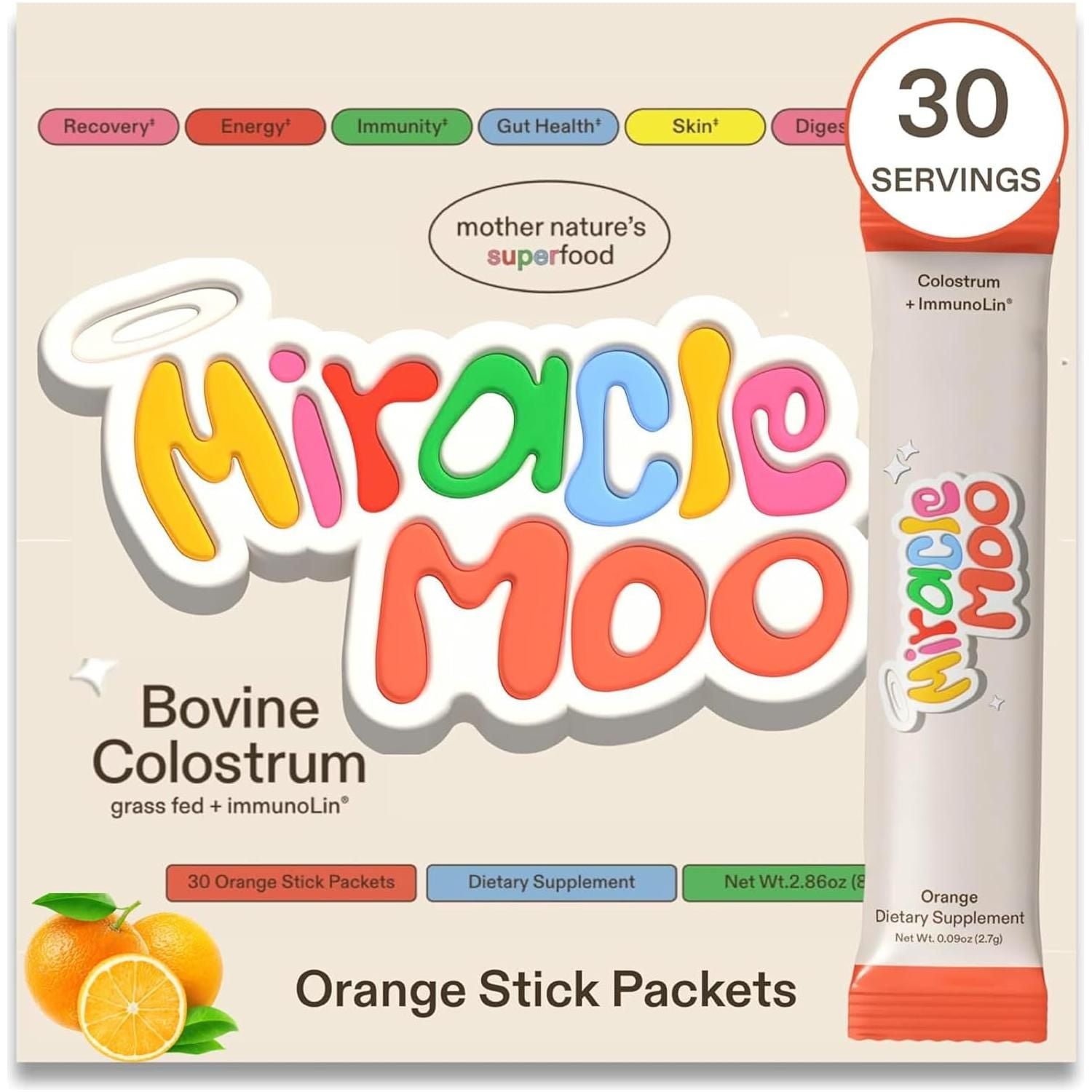 Miracle Moo Colostrum Supplement  - Highest Igg plus Immunolin (30 Servings - Orange Stick Packets)