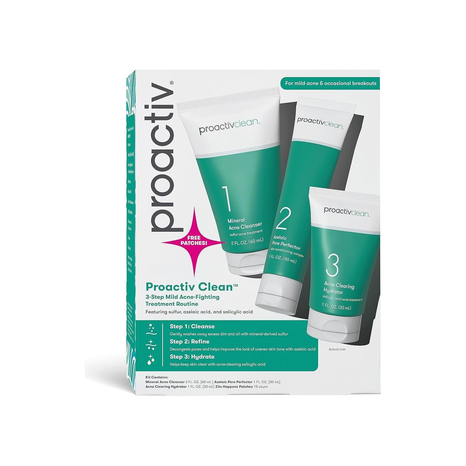 Proactiv Clean 3 Step Acne Treatment Routine- 30 Day Acne Skin Care Kit W/Zits Happen® Pimple Patches