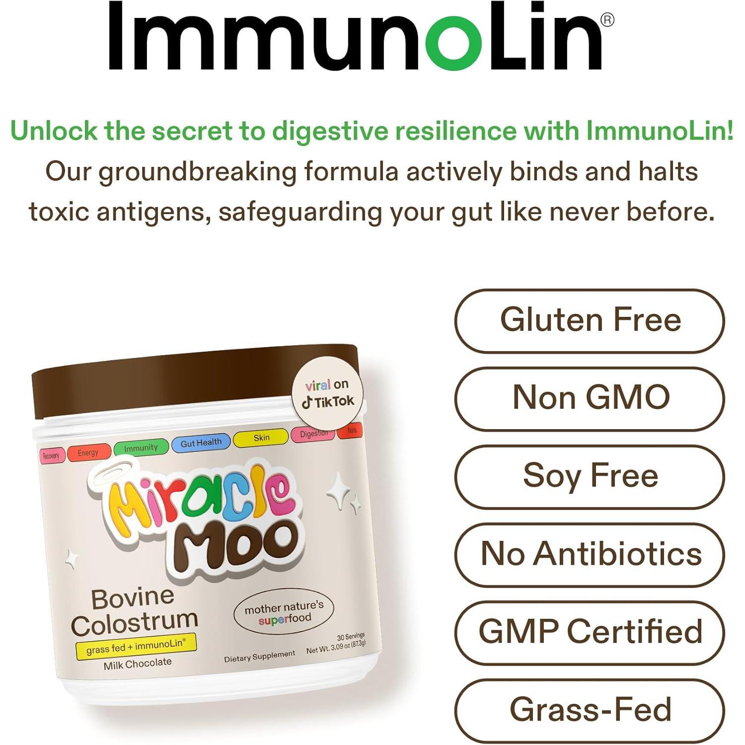 Miracle Moo Chocolate Colostrum Supplement for Gut Health 30 Servings