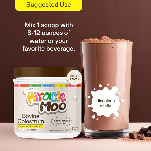 Miracle Moo Chocolate Colostrum Supplement for Gut Health 30 Servings - Glam Global UKMiracle Moo