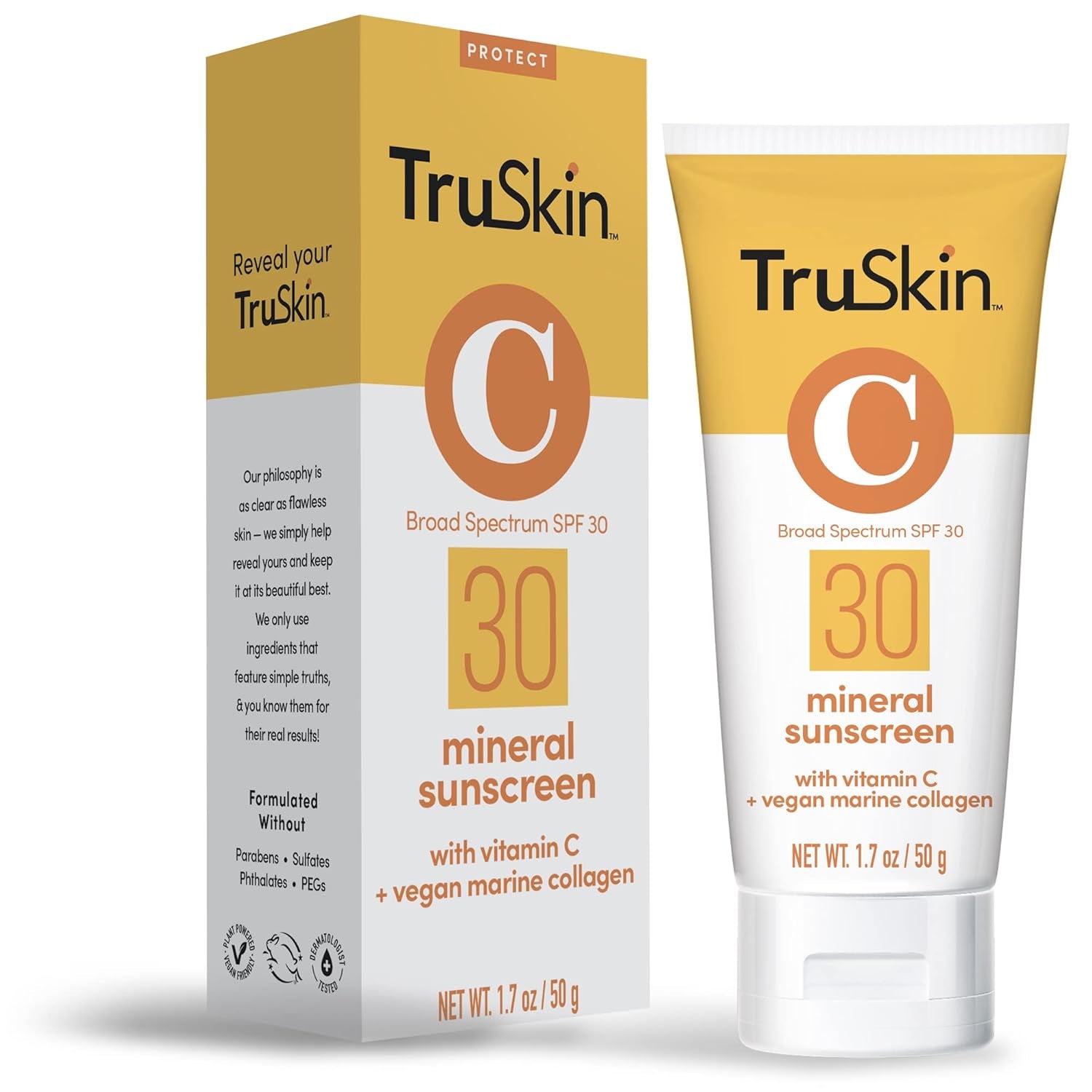 TruSkin Broad Spectrum SPF 30 Mineral Sunscreen with Vitamin C + Vegan Marine Collagen – 50g | Daily UV Protection & Anti-Aging Skincare