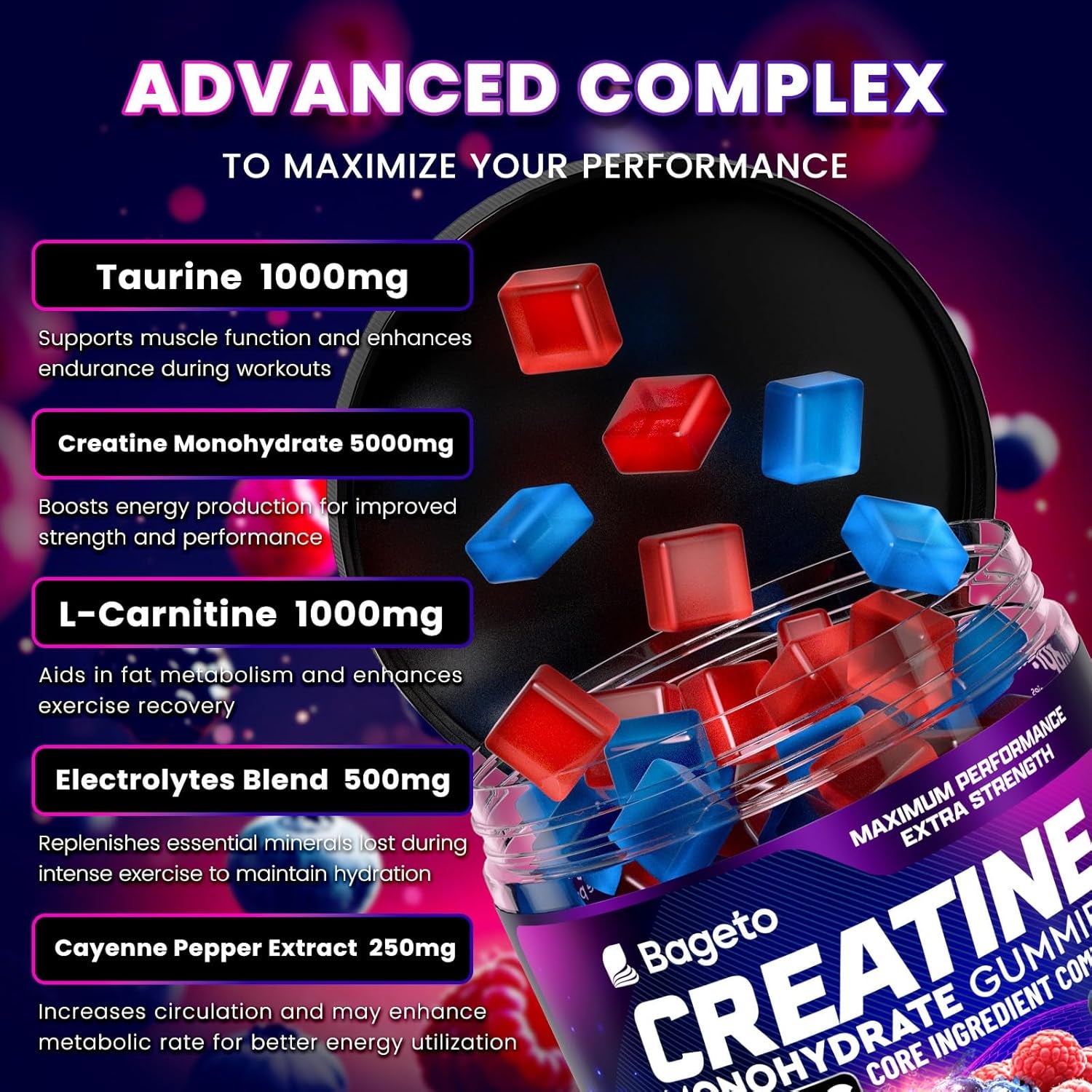 Bageto Creatine Monohydrate Gummies – 120 Gummies | 1+6 Complex for Muscle Growth, Energy & Fast Recovery