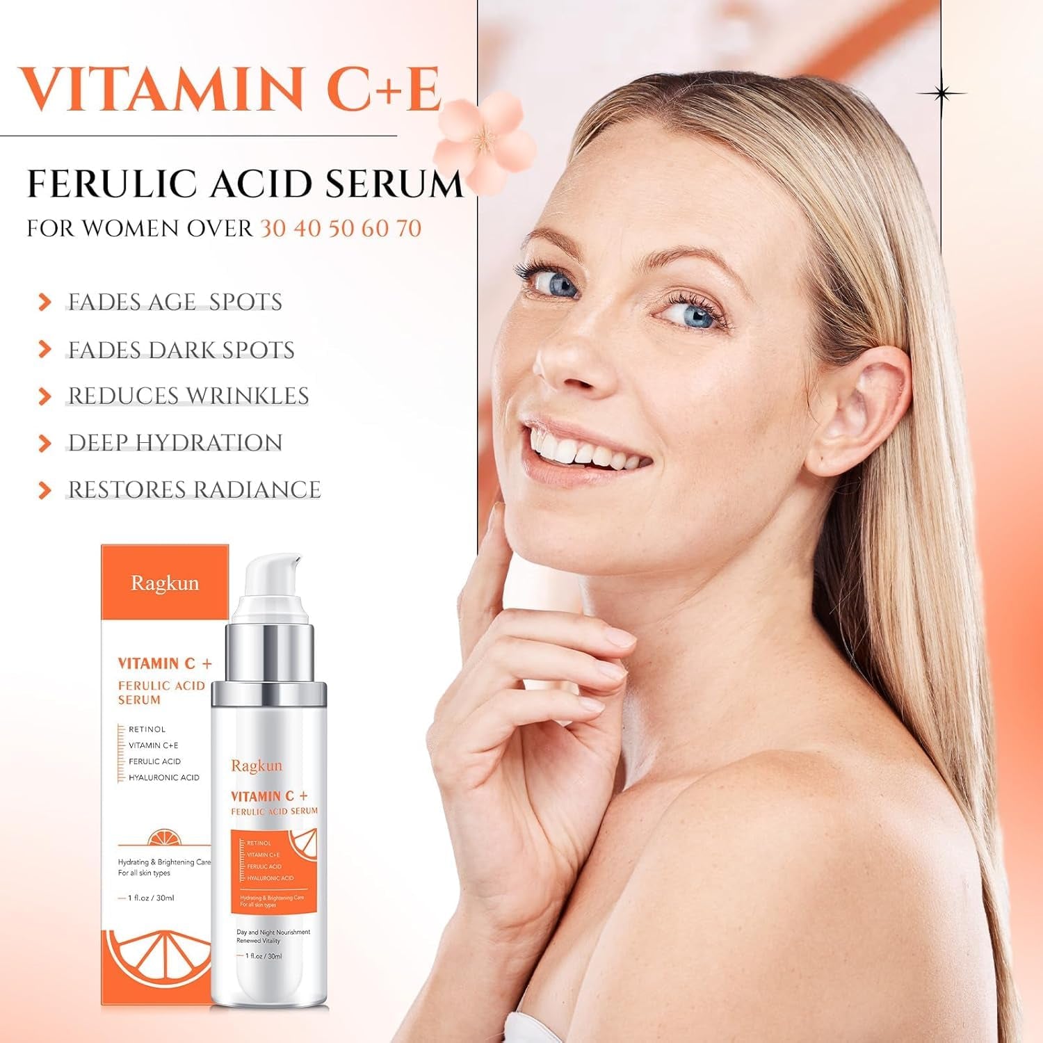 20% Vitamin C Serum, Retinol Serum for Face, Dark Spot Remover for Face, CE Ferulic Acid, Hyaluronic Acid, Hydrate & Plump Skin Care anti Aging Wrinkle Brightening Skincare -1 Fl Oz.