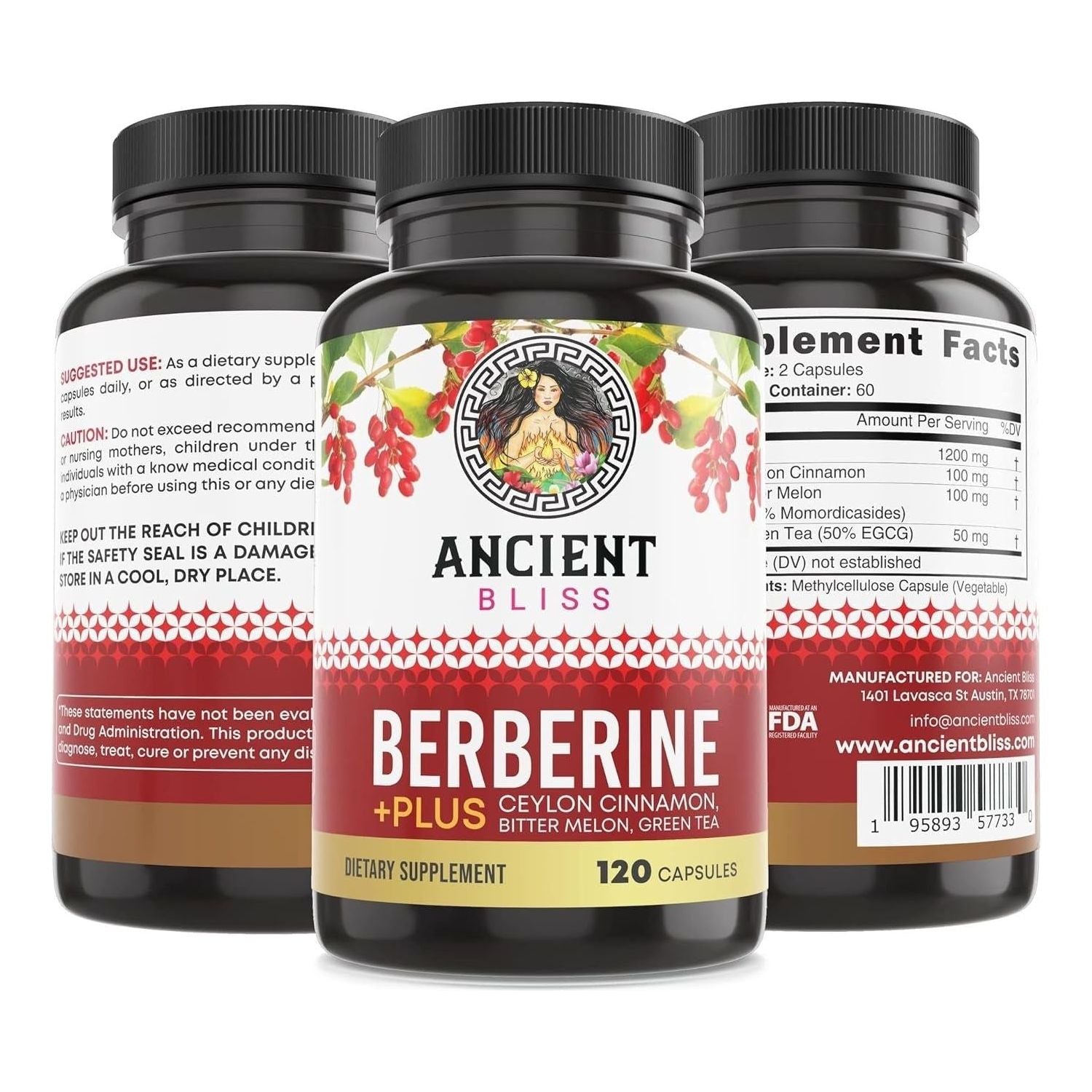 Berberine HCL 1200Mg with Ceylon Cinnamon, Bitter Melon, and Green Tea Extract - 120 Capsules Supports Glucose Metabolism, Immune System