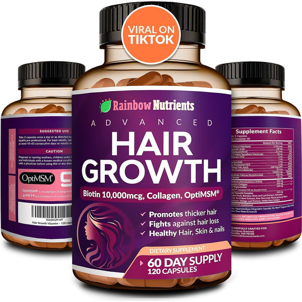 Rainbow Nutrients Hair Growth Supplement – 120 Capsules | Biotin, Collagen & OptiMSM for Healthy Hair, Skin & Nails
