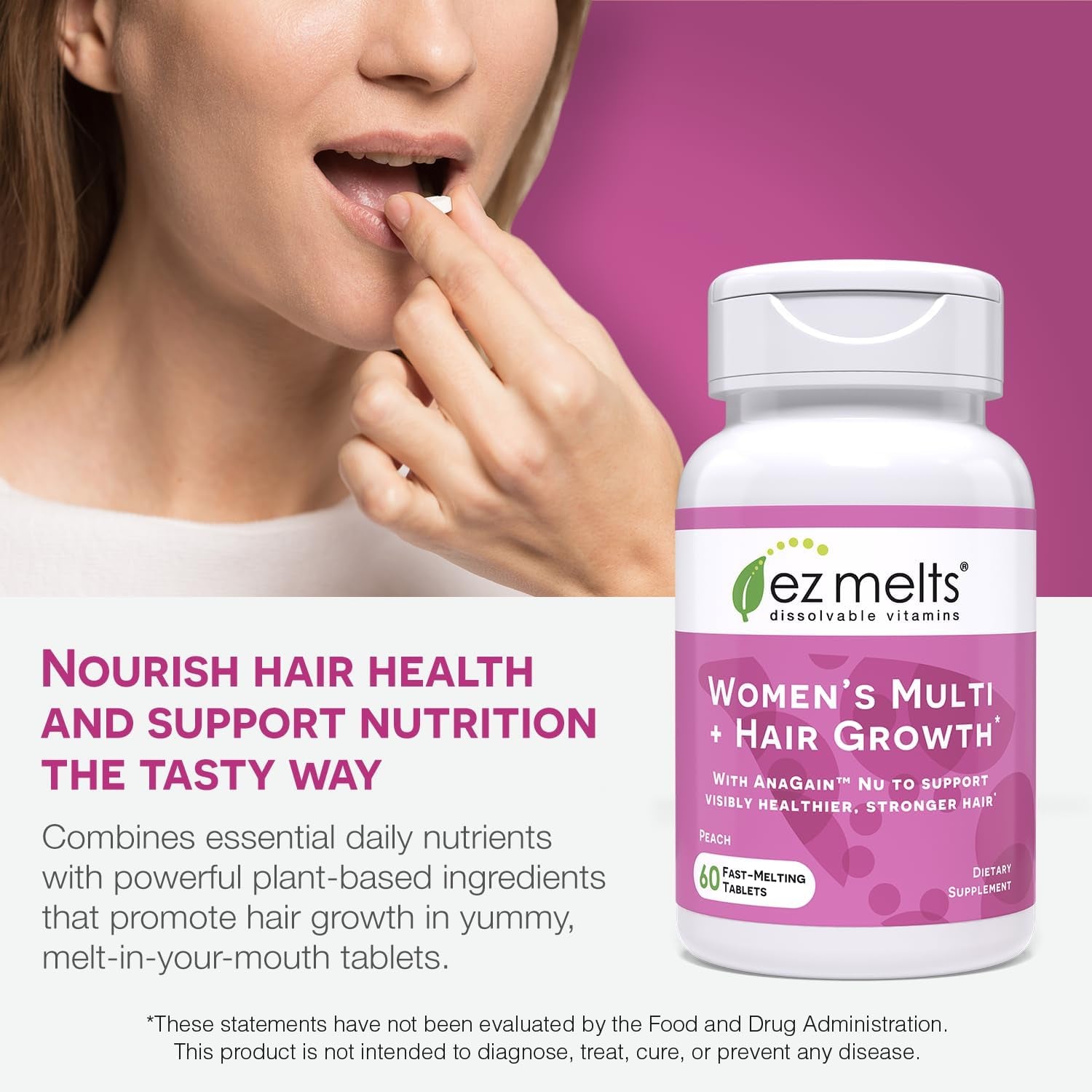 EZ Melts Dissolvable Vitamins Women’s Multi + Hair Growth – 60 Tablets | Fast-Melting Multivitamin with AnaGain Nu for Hair, Skin & Nail Health