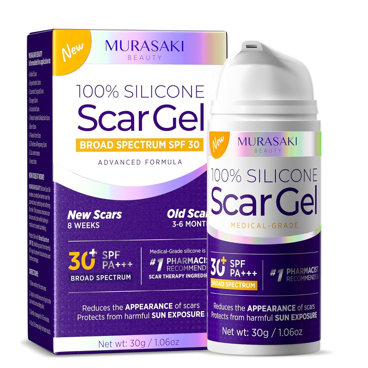 MURASAKI BEAUTY 100% Silicone Scar Gel with SPF 30 – 30g | Professional Scar Treatment for All Skin Types