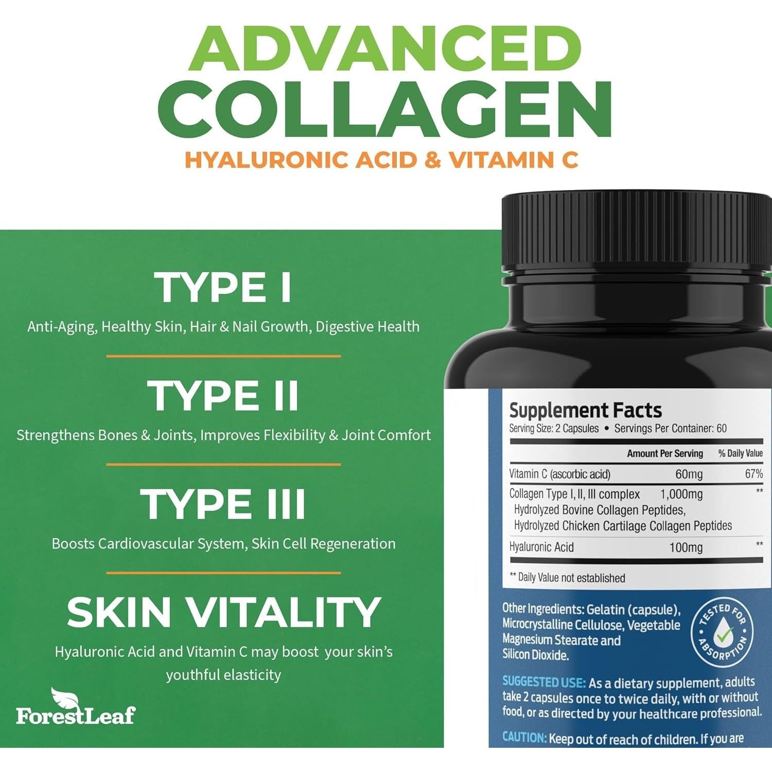 ForestLeaf Advanced Collagen – 120 Capsules | Type I, II, III Collagen + Hyaluronic Acid & Vitamin C