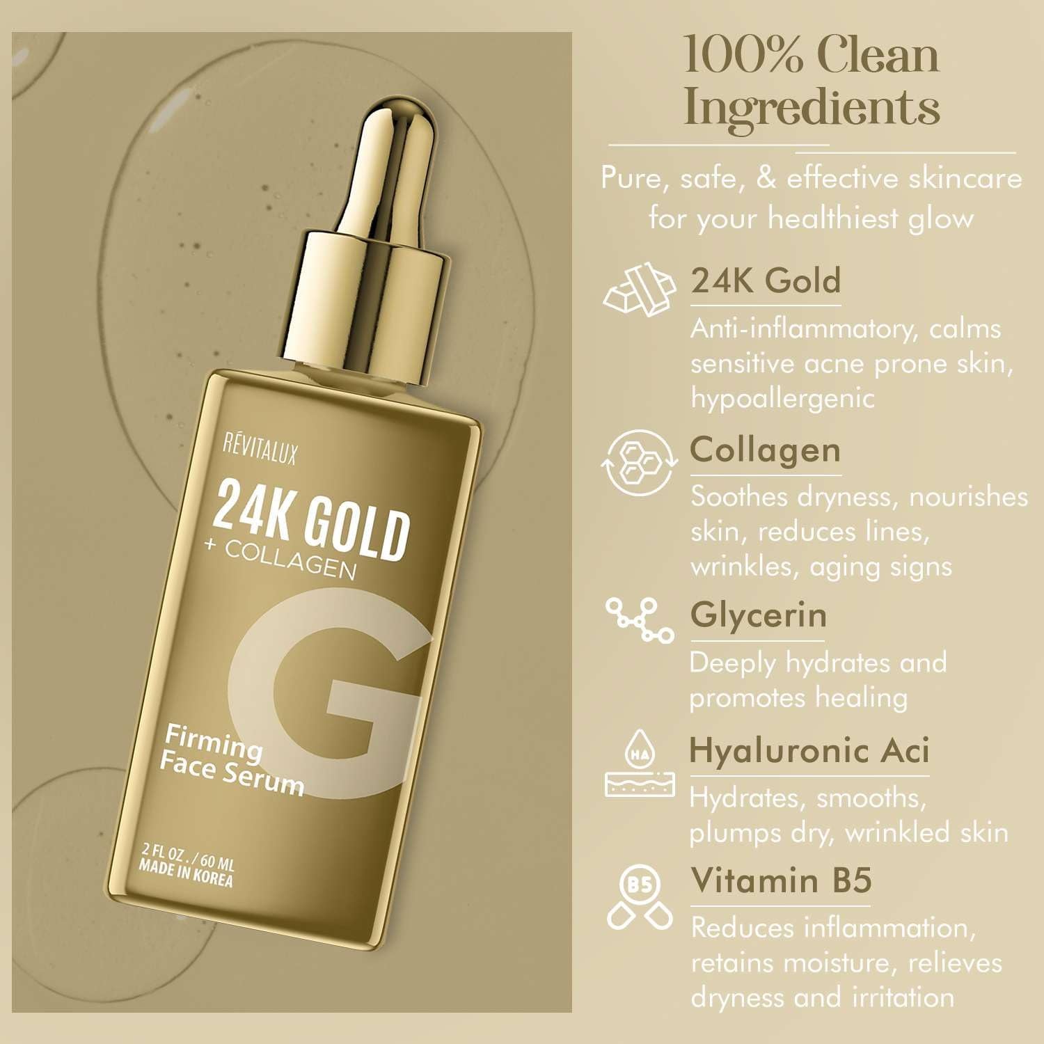 RevitaLux 24K Gold + Collagen Firming Face Serum – 60ml | Hydrates, Firms & Brightens with Korean Skincare Excellence