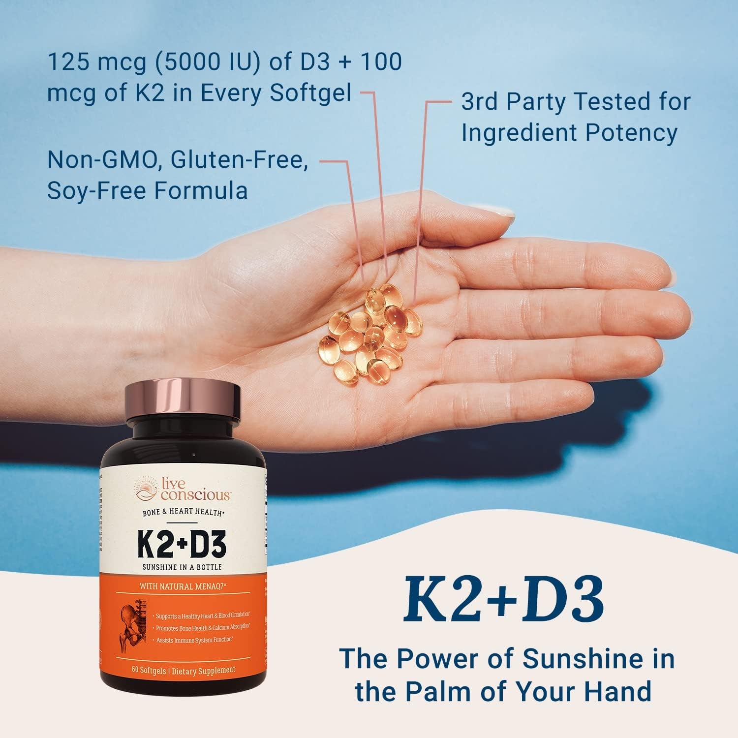 Live Conscious K2 + D3 Supplement – 60 Softgels | Bone Strength, Heart Health & Immune Support