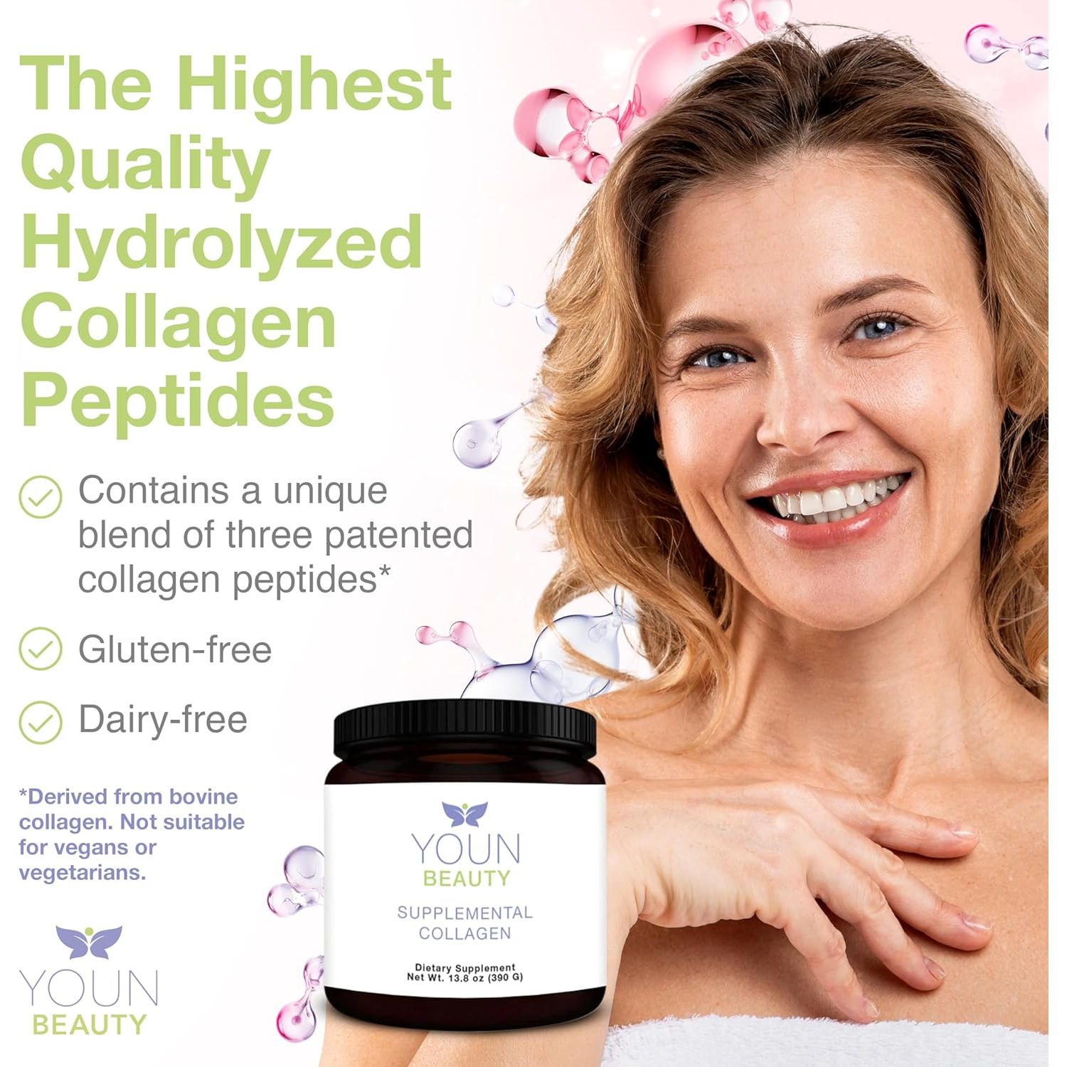 YOUN Beauty Supplemental Collagen – 390g | Multi-Peptide Powder for Skin, Hair, Nails & Joint Support