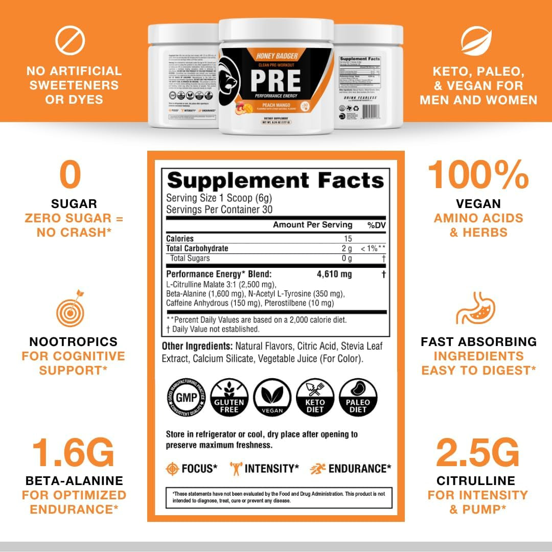 Honey Badger Clean Pre-Workout (Peach Mango Flavor) – 177g | Zero-Crash Energy, Focus & Endurance Boost