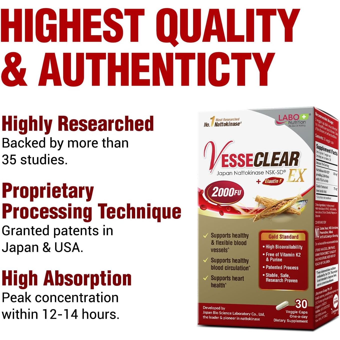 LABO Nutrition VesseClear EX – 30 Capsules | Japan Nattokinase NSK-SD + Elastin F for Healthy Blood Flow & Arteries