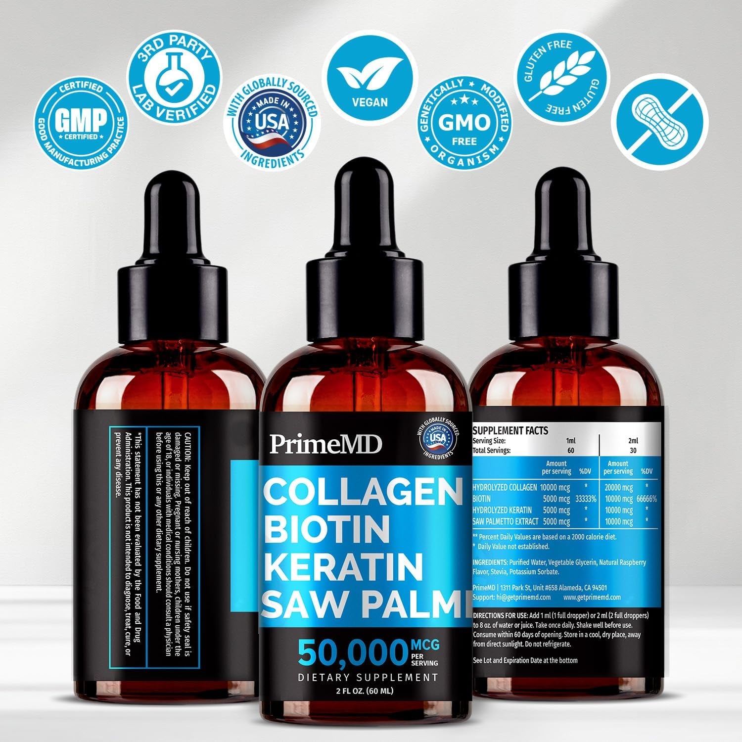PrimeMD Collagen Biotin Keratin Saw Palmetto Dietary Supplement – 60ml | Liquid Beauty Boost for Hair, Skin & Nails