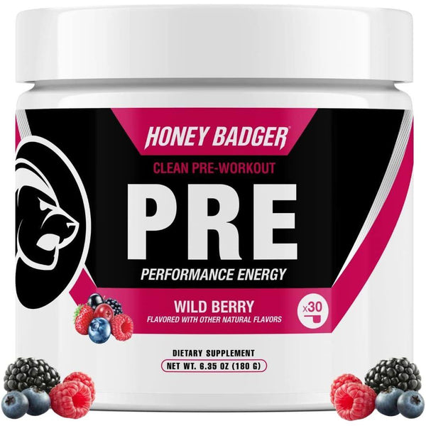 Honey Badger Clean Pre-Workout (Wild Berry Flavor) – 180g | Zero Sugar, Natural Energy & Endurance Boost