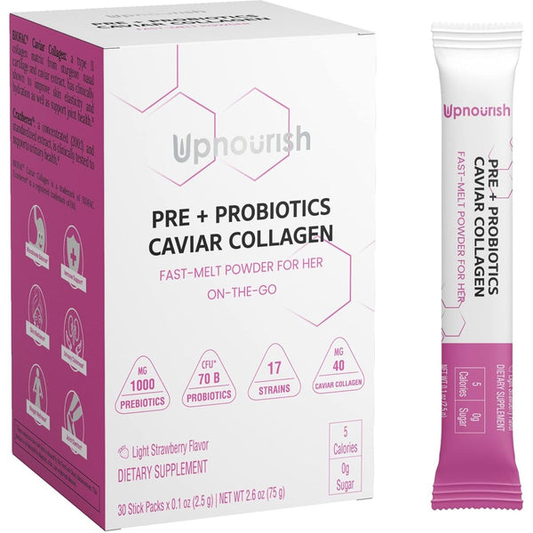 UpNourish Pre + Probiotics Caviar Collagen – 30 Stick Packs | Women's All-in-One Gut, Skin & Beauty Supplement