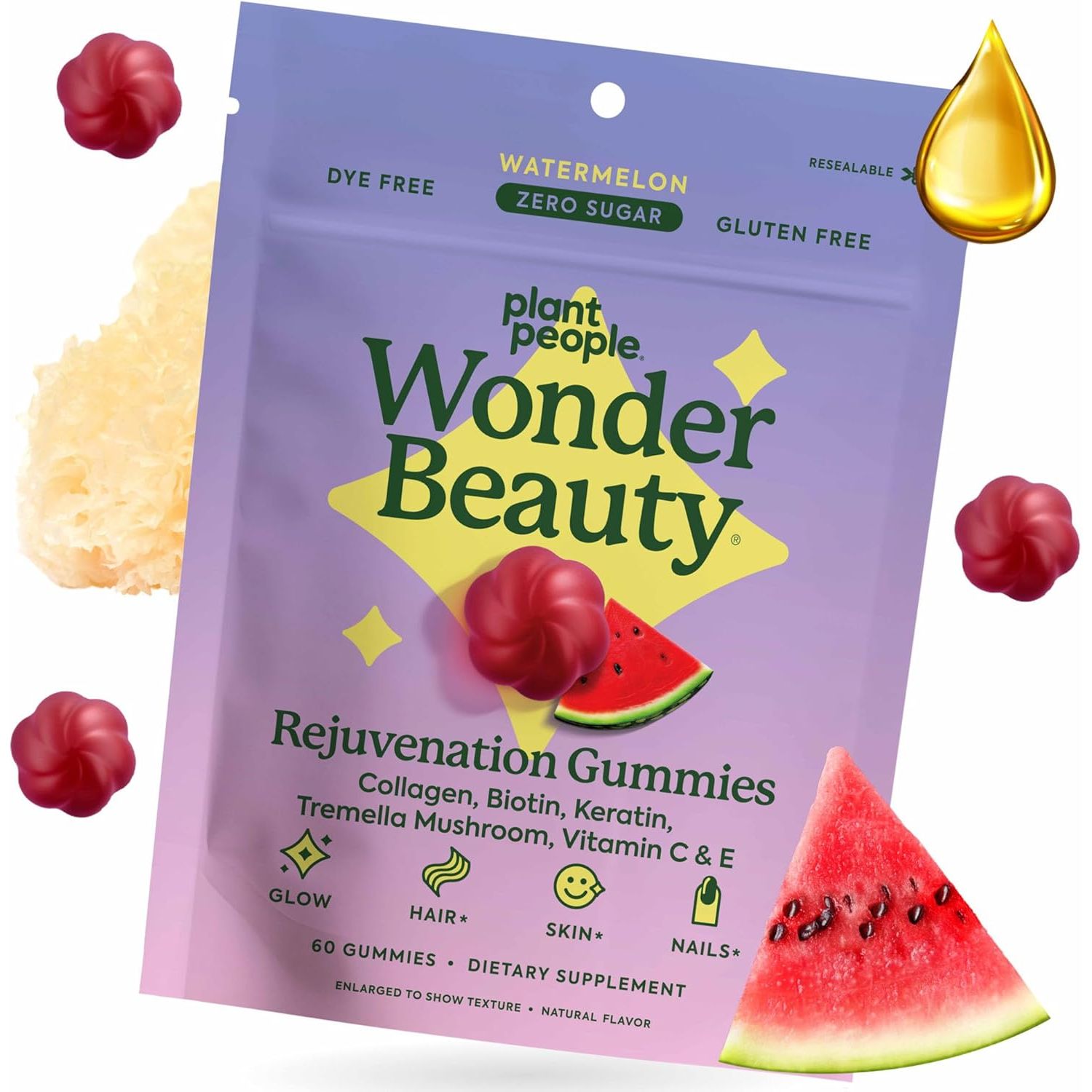Wonderbeauty Hair, Skin & Nails Rejuvenation Gummies with Tremella Mushroom, Marine Collagen Peptides, Keratin, & Biotin – Watermelon Flavor, 60 Gummies