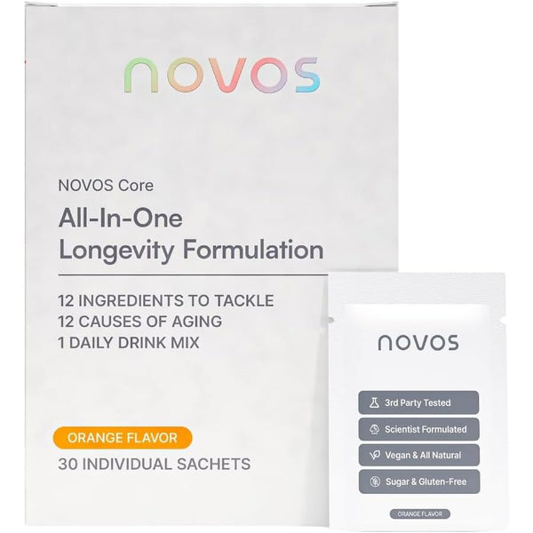 Novos Core All-In-One Longevity Formulation – 30 Sachets | Orange Flavor | Science-Backed Anti-Aging & Wellness Support