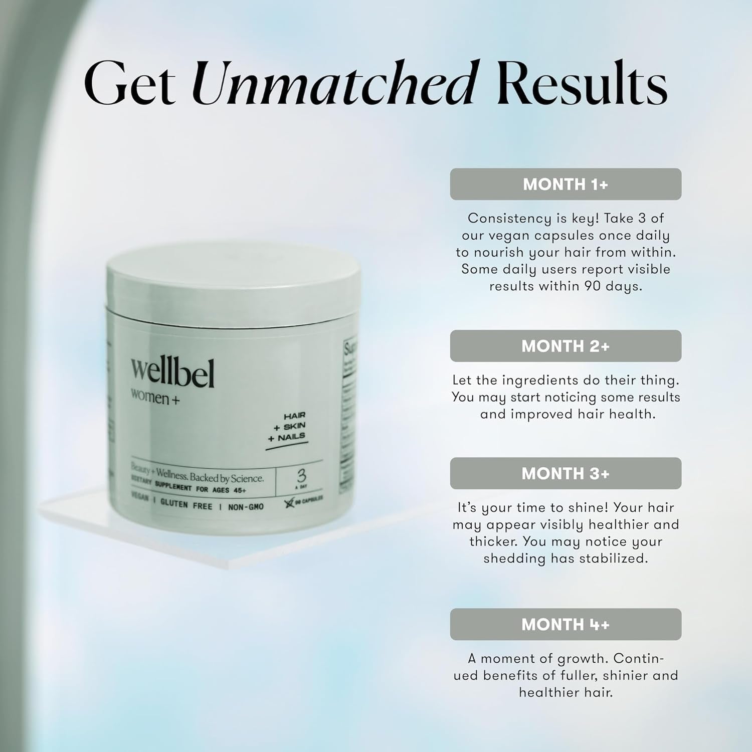 WELLBEL Women+ Clean Hair, Skin & Nails Supplement – 90 Capsules | Menopause Support for Thinning Hair & Radiant Skin (Ages 45+)