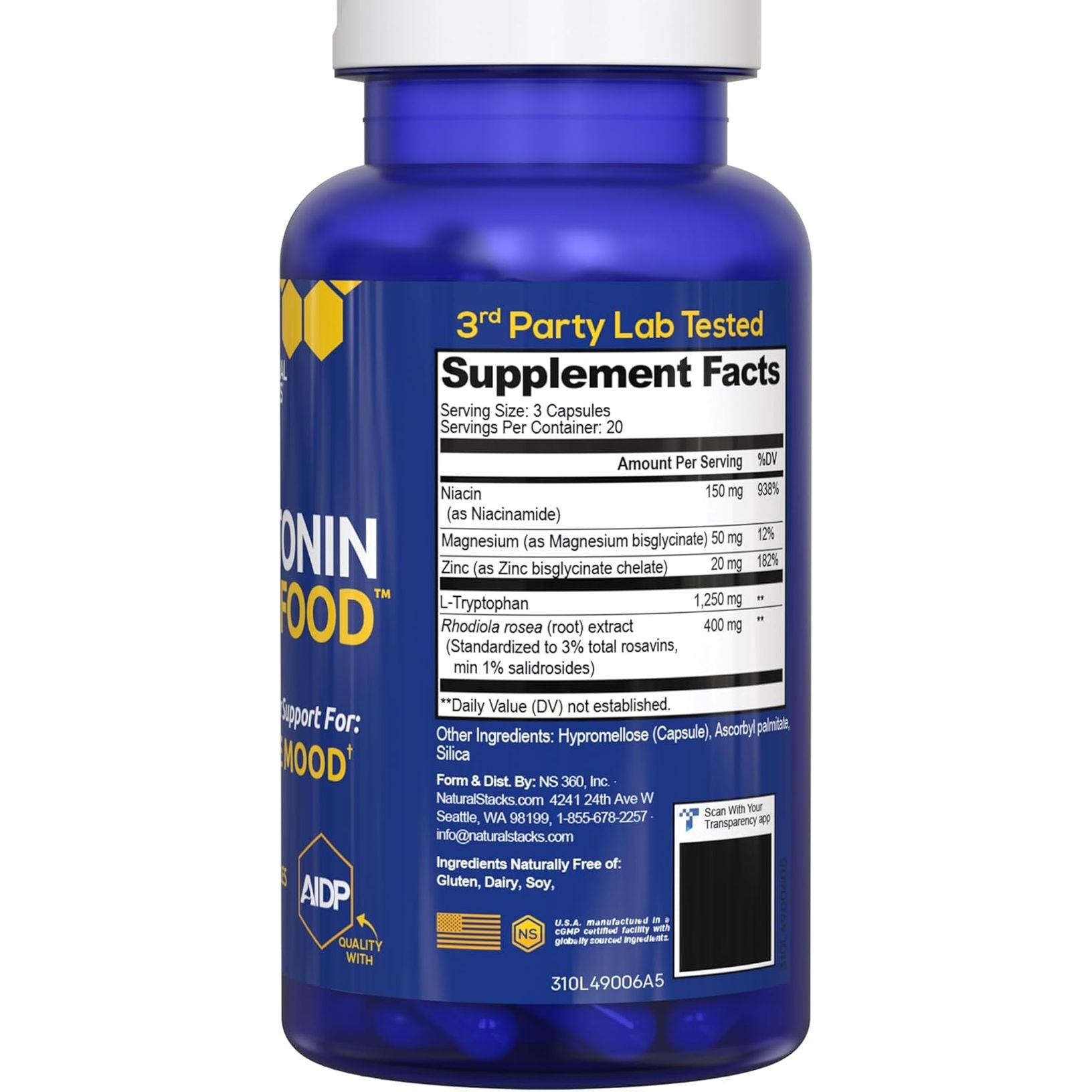 Serotonin Brain Food - 1250Mg L-Tryptophan & 400Mg Rhodiola Rosea Supplement - Mood Support Supplement for Stress Relief - Neurotransmitter Support with Magnesium Glycinate & Zinc - 60 Capsules