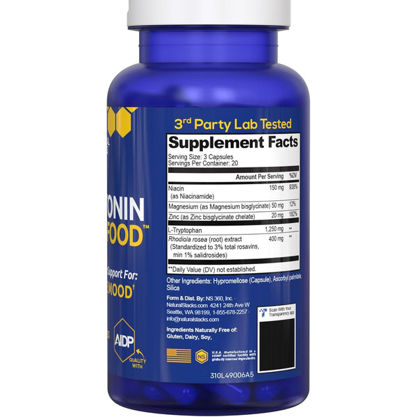 Serotonin Brain Food - 1250Mg L-Tryptophan & 400Mg Rhodiola Rosea Supplement - Mood Support Supplement for Stress Relief - Neurotransmitter Support with Magnesium Glycinate & Zinc - 60 Capsules