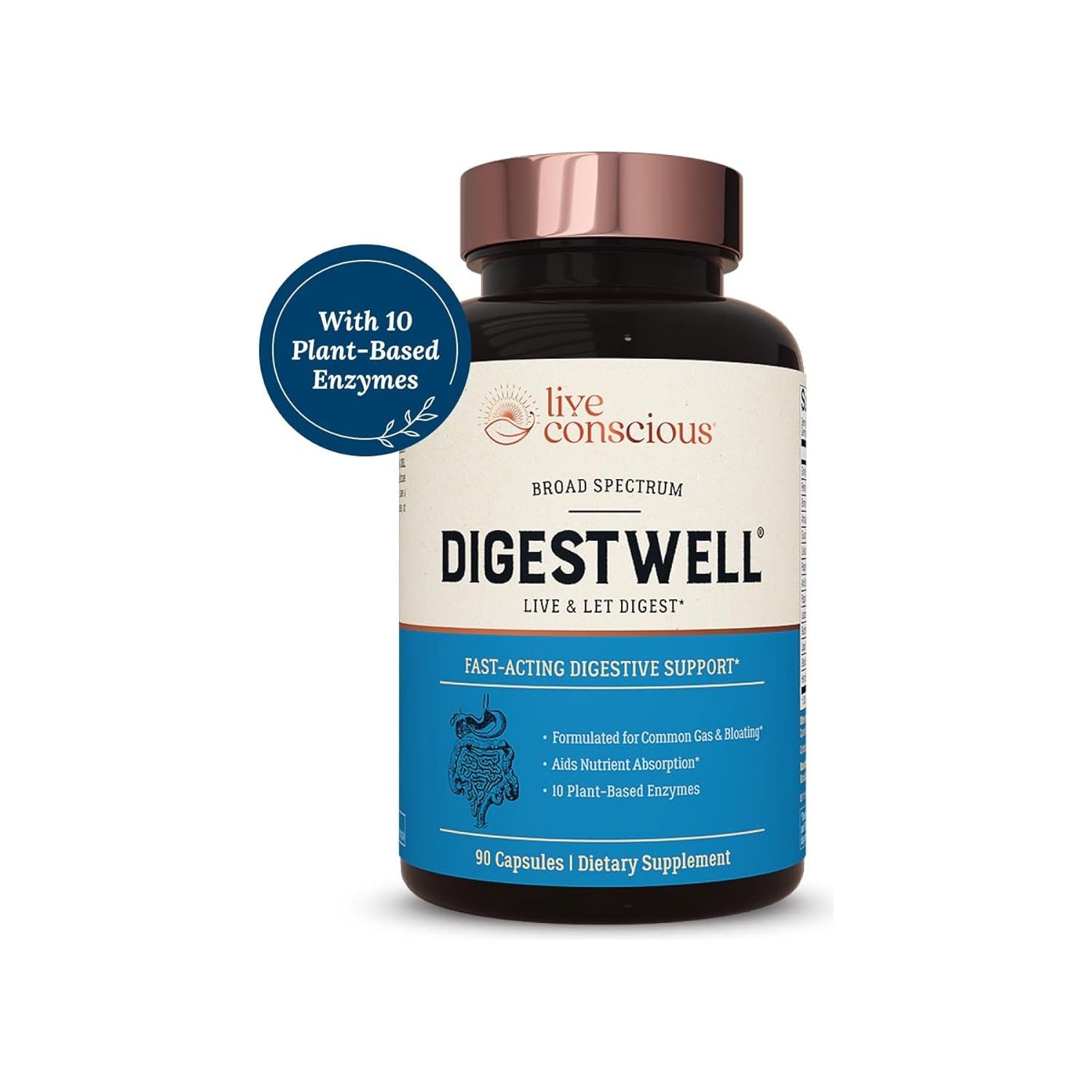 Live Conscious DigestWell – 90 Capsules | Advanced Enzyme & Probiotic Blend for Gut Health, Gas & Bloating Relief