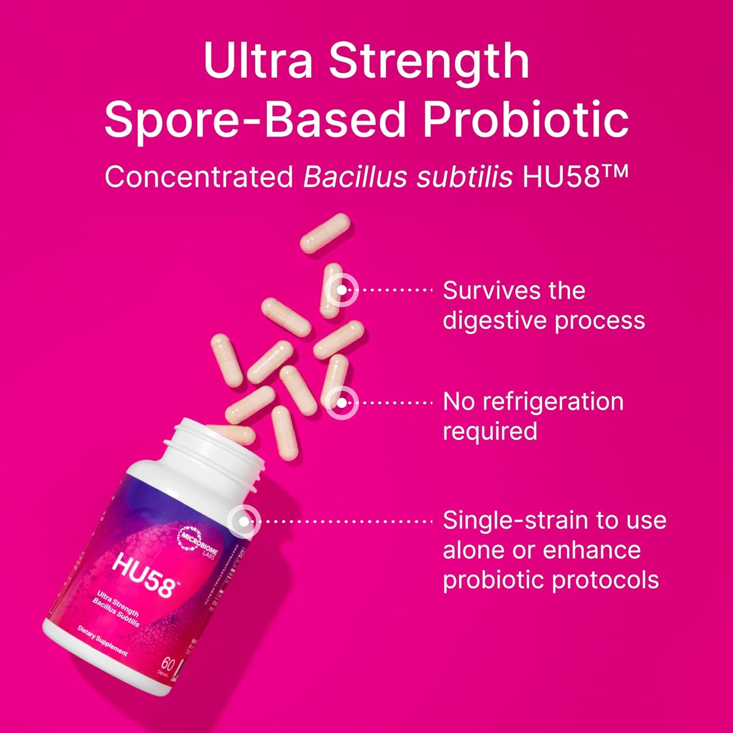 Microbiome Labs HU58 Ultra Strength Bacillus Subtilis – 60 Capsules | High-Potency Spore-Based Probiotic for Gut & Immune Support