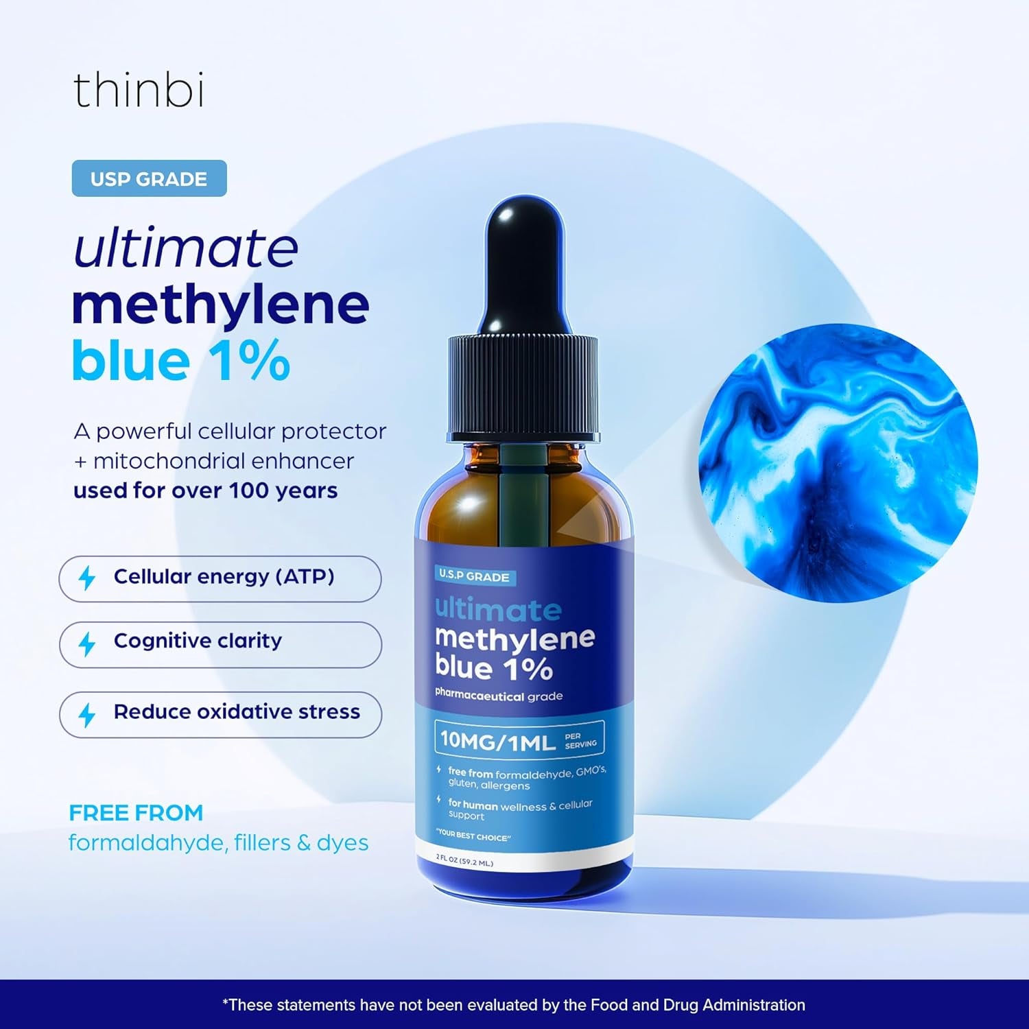 Methylene Blue Pharmaceutical Grade 2Oz– USP Grade 1% Solution with Balanced Electrolyte Solutionthird-Party Tested Brain Health Supplement for Humans –No Formaldehyde High Cognitive Support