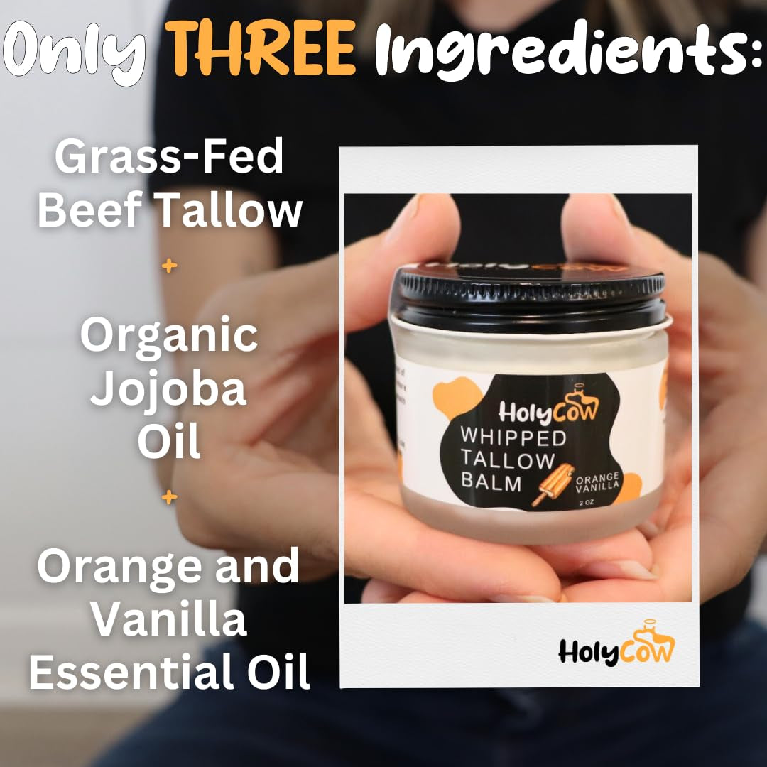 HolyCow Whipped Tallow Balm – 56.7g | Orange Vanilla Scent | Nourishing Grass-Fed Moisturizer for Face & Body