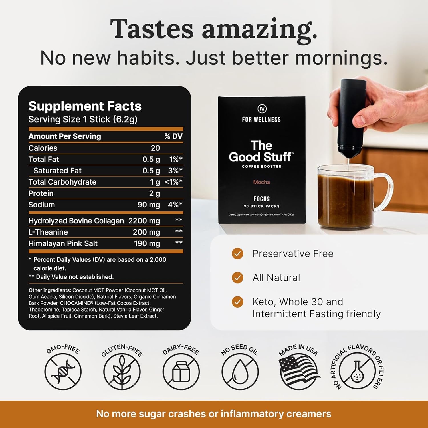 the Good Stuff Focus – Mocha Coffee Booster | Nootropic Collagen Creamer with Mcts for Focus, Energy & Wellness | Non-Dairy, Keto-Friendly, 30 Servings