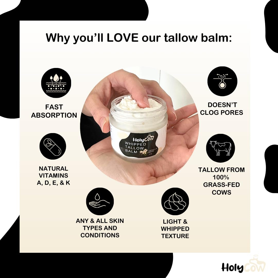 HolyCow Whipped Tallow Balm – 56.7g | Vanilla Bean Scent | Nourishing Ancestral Skincare for Face & Body