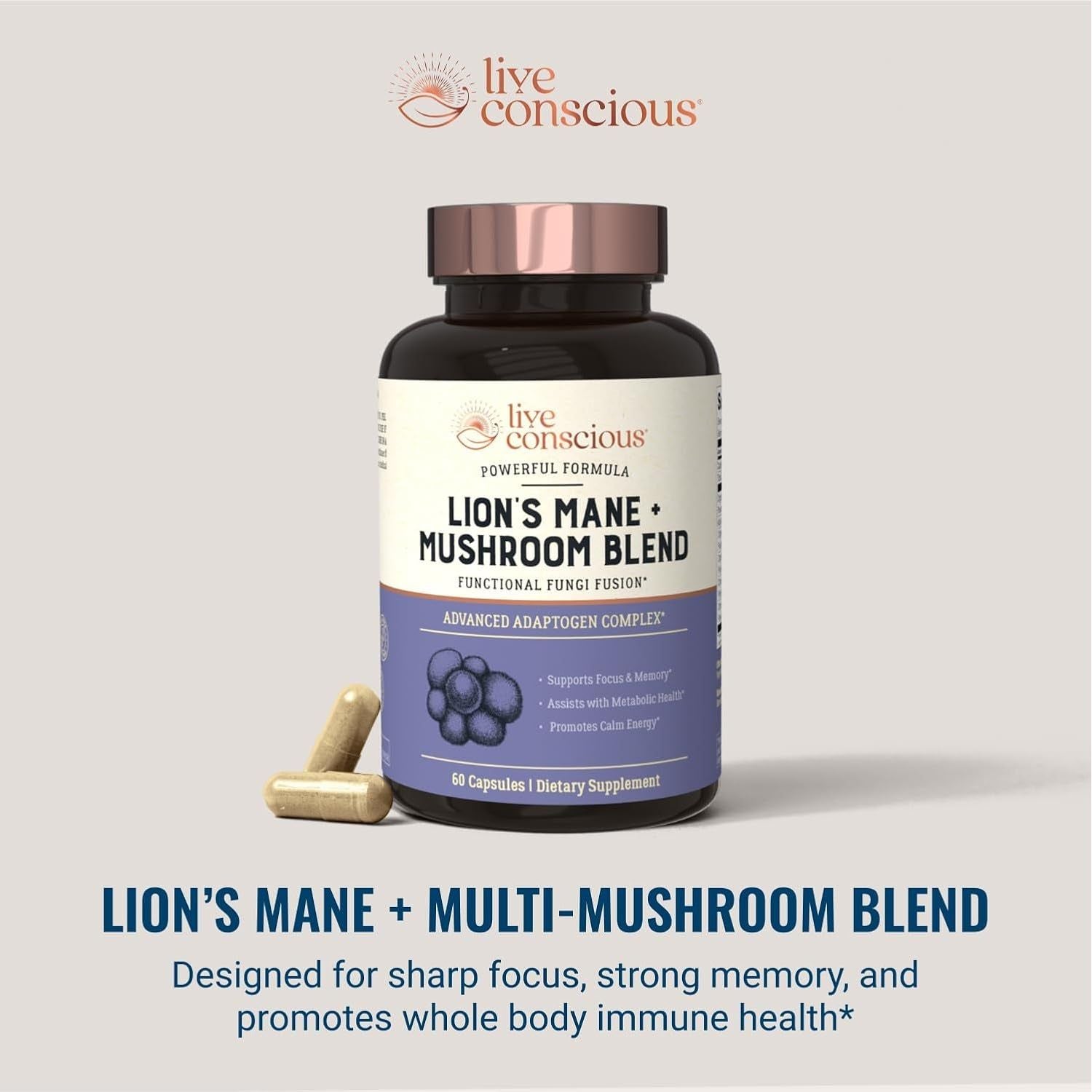 Live Conscious Lion’s Mane + Mushroom Blend – 60 Capsules | Focus, Memory & Immune Support