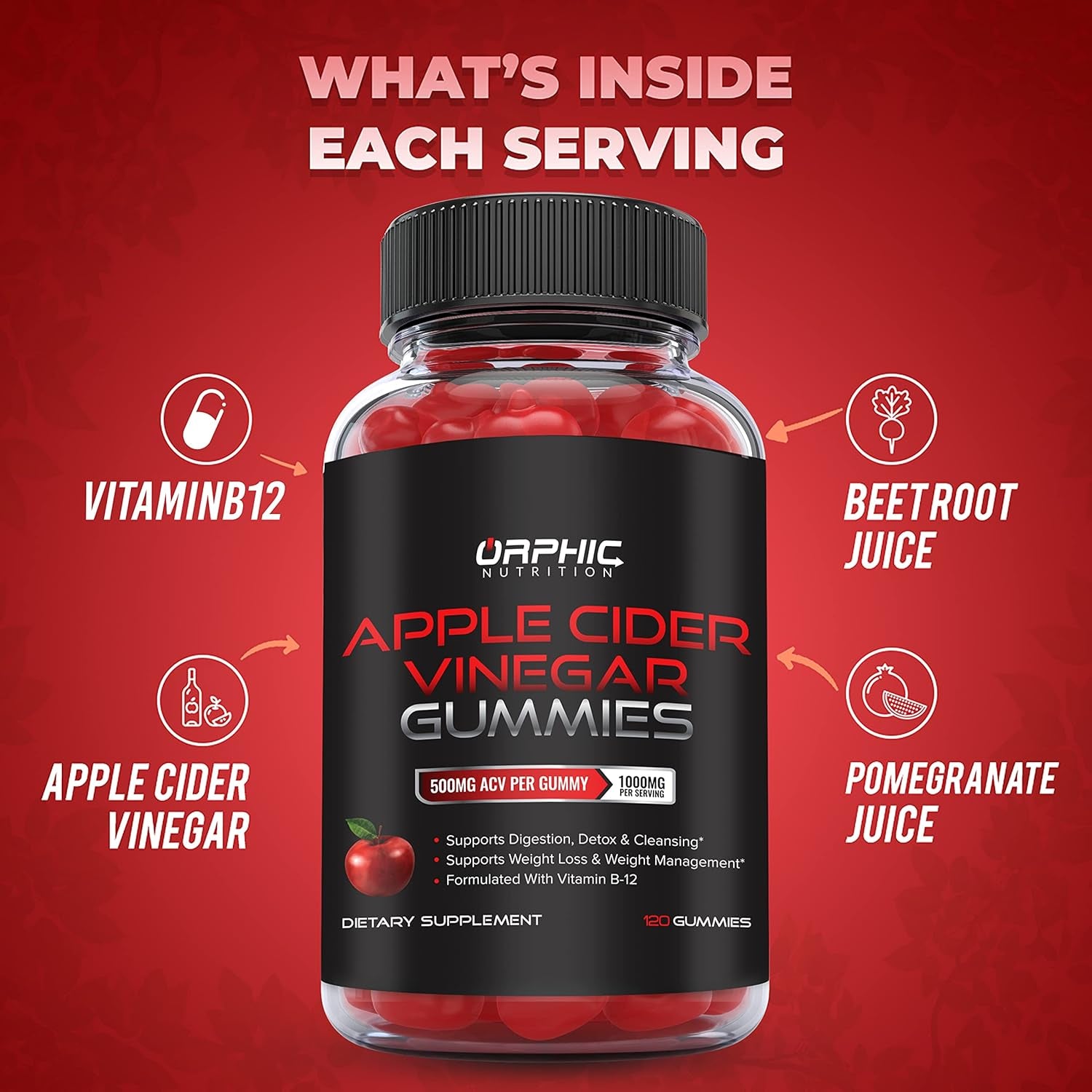 ORPHIC NUTRITION Apple Cider Vinegar Gummies – 120 Gummies | 1000mg ACV with Vitamin B12 for Digestion, Energy & Weight Support
