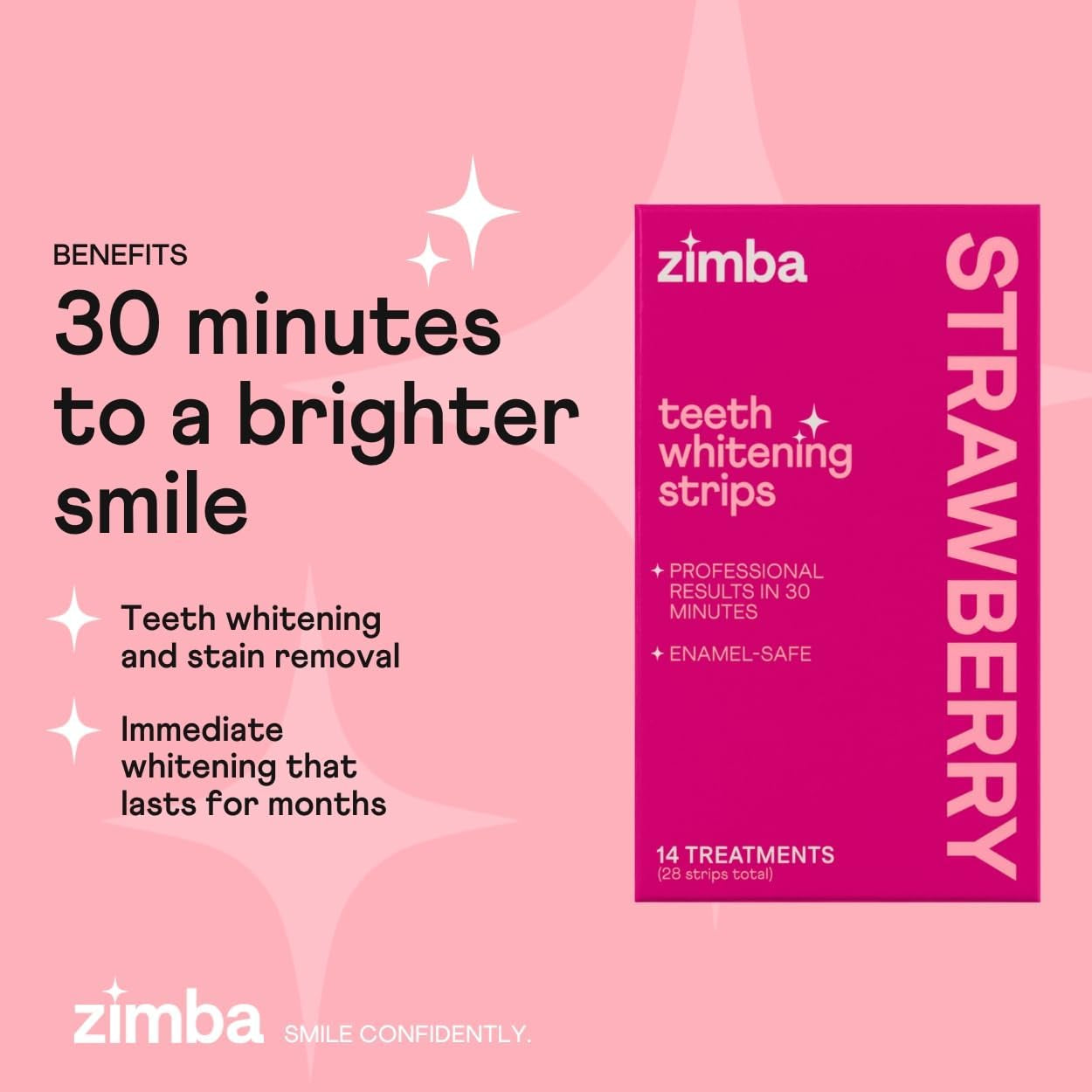 Zimba Strawberry Teeth Whitening Strips – 14 Treatments (28 Strips) | Brighten Smile, Remove Stains & Freshen Breath