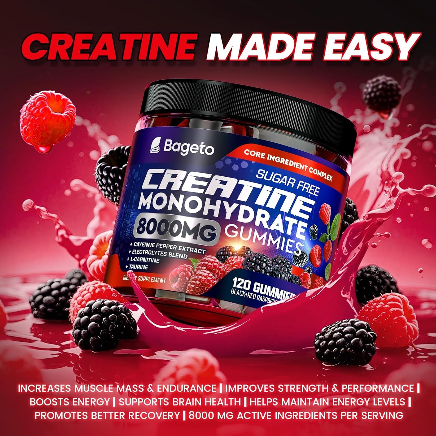 Bageto Creatine Monohydrate Gummies Complex – 120 Gummies (BlackBerry & Raspberry) | Sugar-Free Creatine + Taurine & Electrolytes for Strength, Recovery & Energy