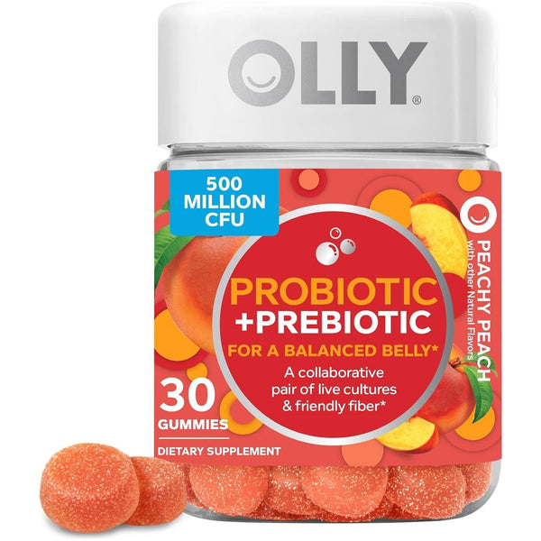 Probiotic + Prebiotic Gummy, Digestive Support and Gut Health, 500 Million Cfus, Fiber, Adult Chewable Supplement for Men and Women, Peach, 30 Day Supply - 30 Count