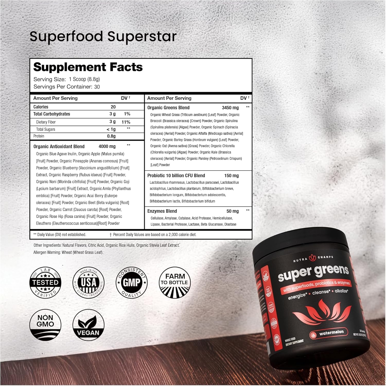 NutraChamps Super Greens Powder | Watermelon – 270g, 30 Servings | Daily Superfood Blend with Probiotics & Enzymes