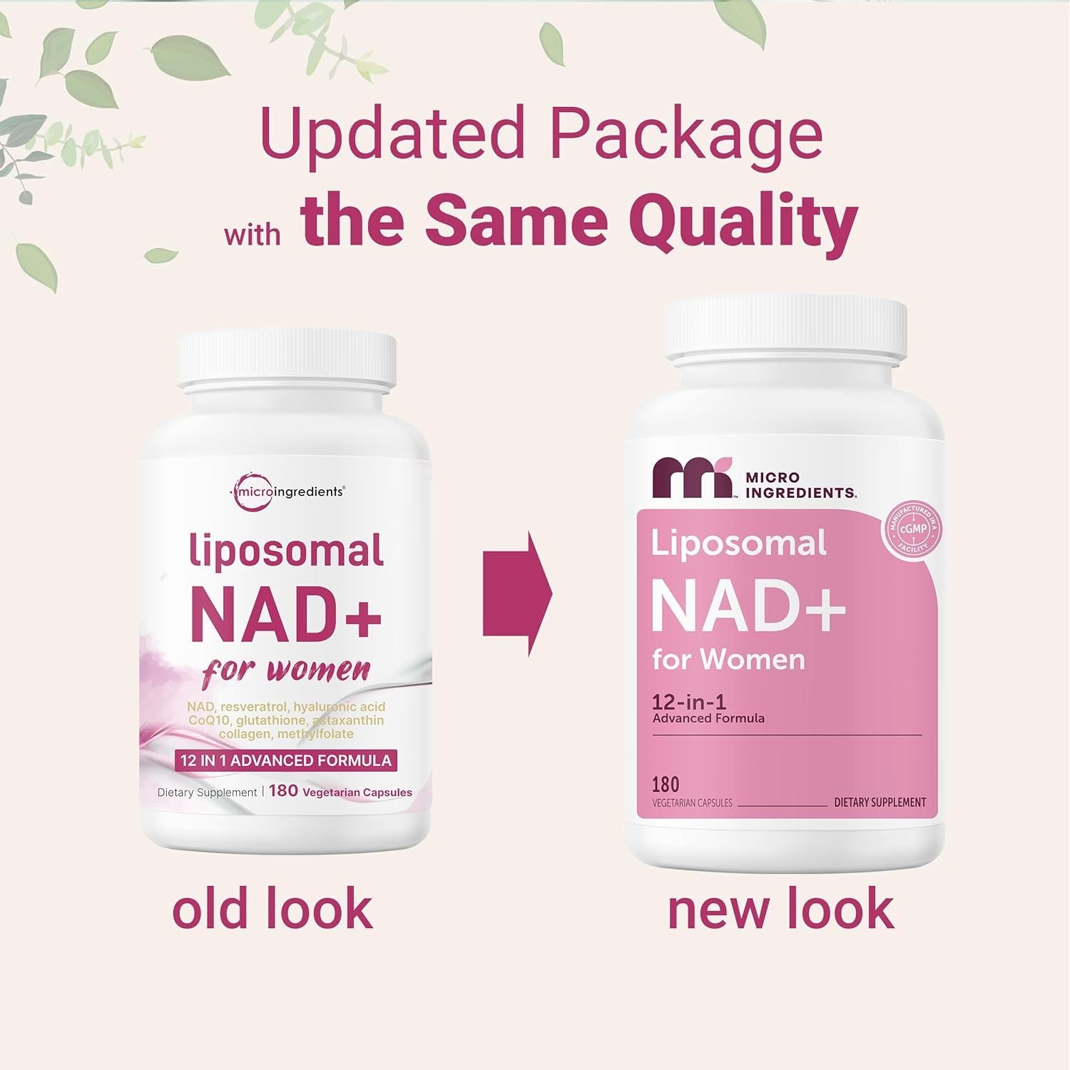 Liposomal NAD+ for Women Complex, 180 Veggie Capsules | 12-In-1 Advanced NAD Formula with Resveratrol, Hyaluronic Acid, Glutathione, & Collagen | NMN Pathway Supplement
