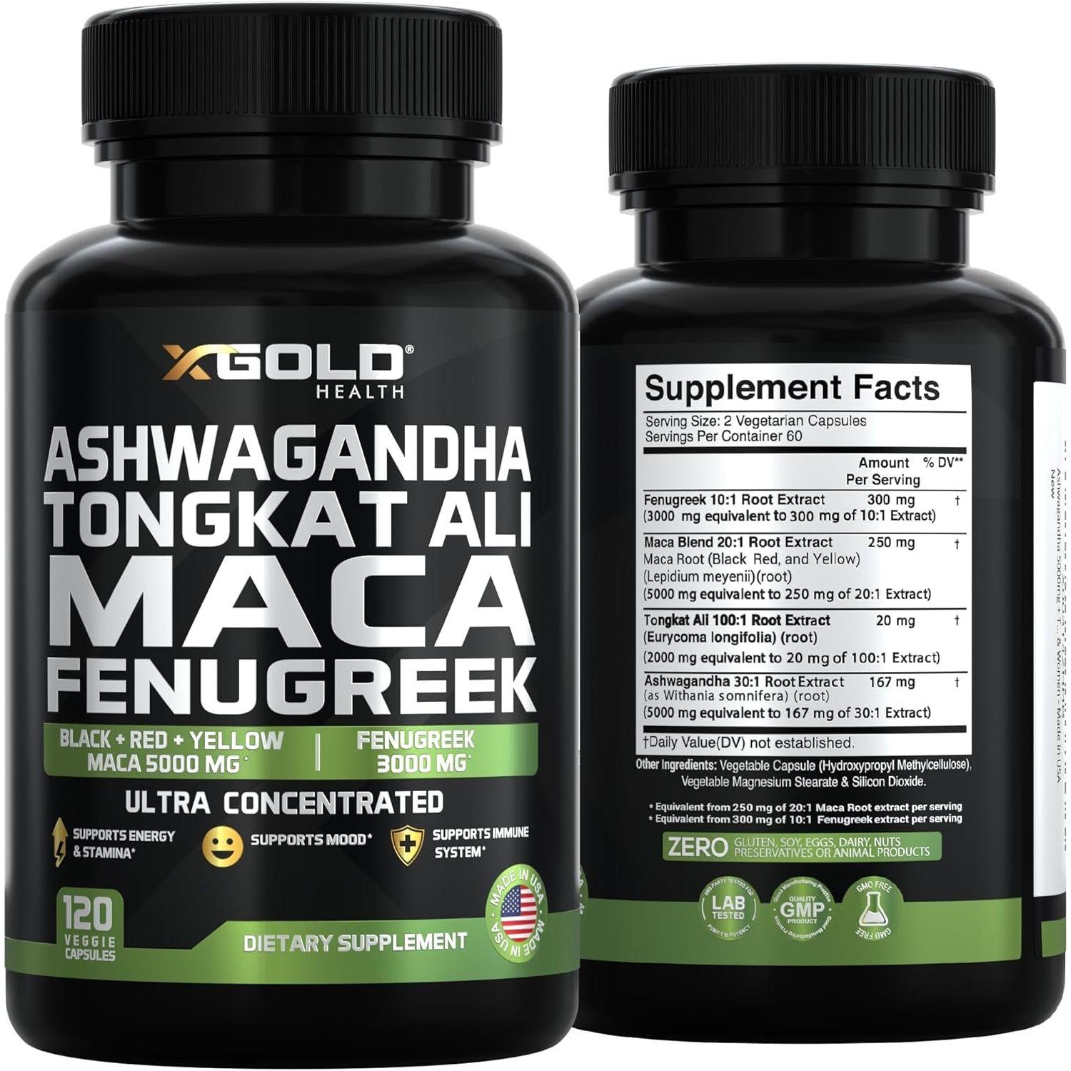 X Gold Health Ashwagandha Tongkat Ali Maca Fenugreek – 120 Capsules | Ultra-Potent Energy, Focus & Hormone Support