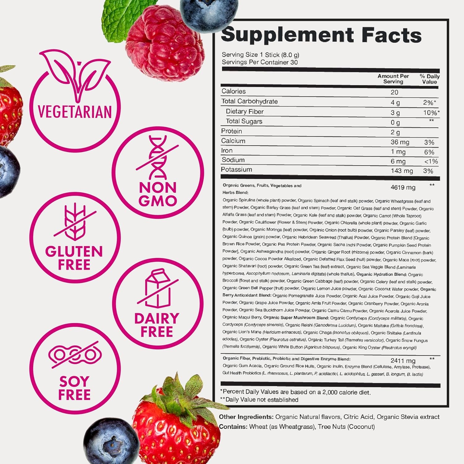 Zena Nutrition Organic Super Greens Powder – Mixed Berry, 30 Stick Packs | 70+ Superfoods & Probiotics